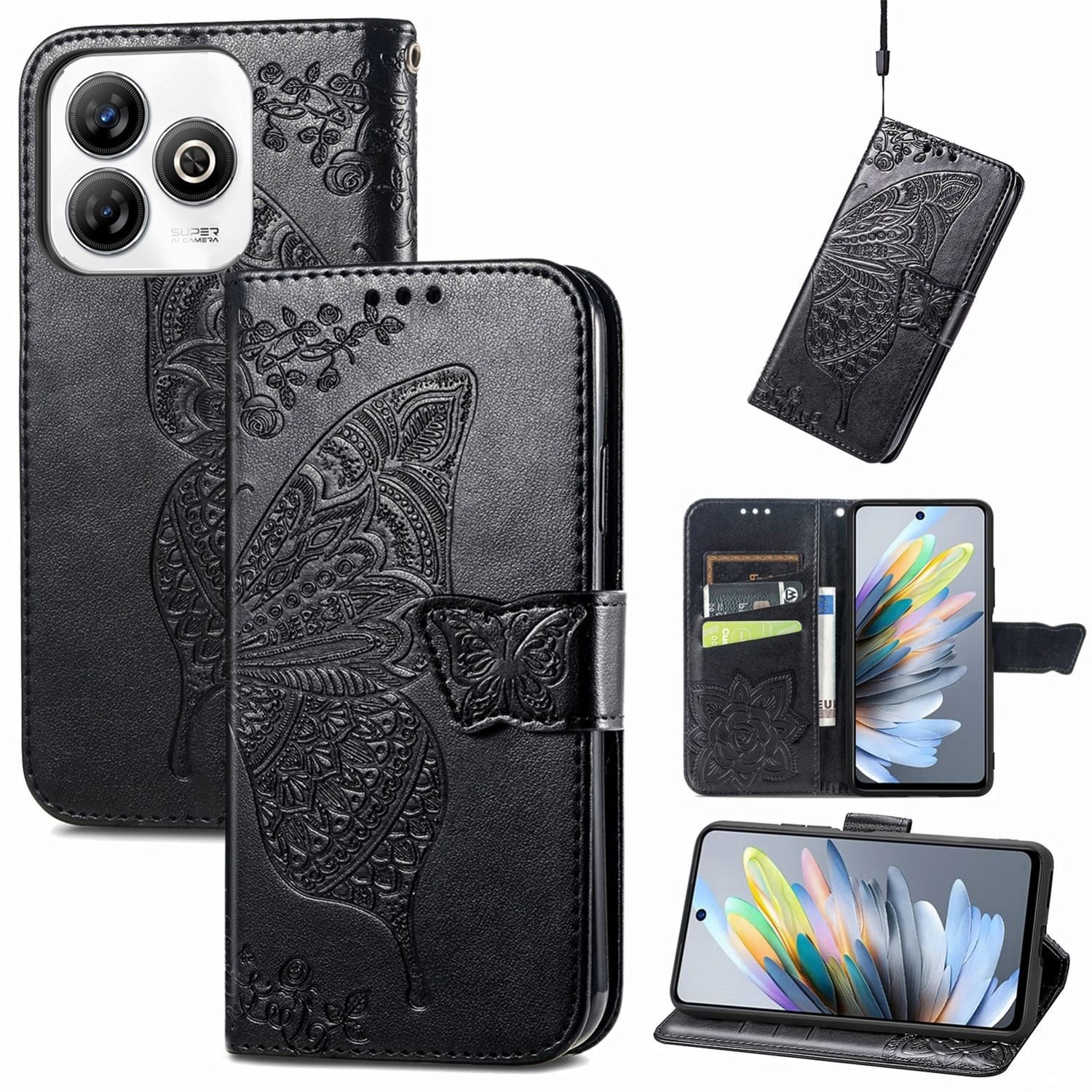 Wigento Smartphone-Hülle Für ZTE Blade A75 4G Kunstleder Schmetterling Wallet Hülle Schwarz, Kunst-Leder Schutzhülle Smart Case Cover magnetischer Verschluss