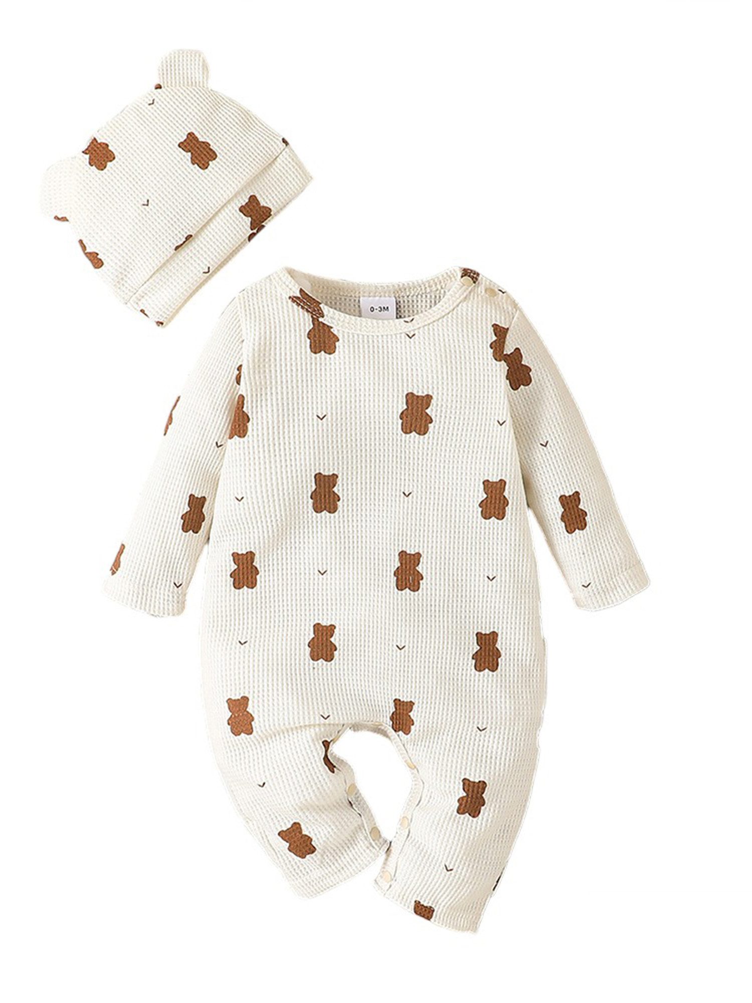 Lapastyle Strampler Niedlicher Unisex Baby Set Langarm Overall & Mütze mit Bärenmuster (Set, 2-tlg) Krabbelkleidung für Neugeborene aus Waffelstoff, Hausanzug, Party-Set