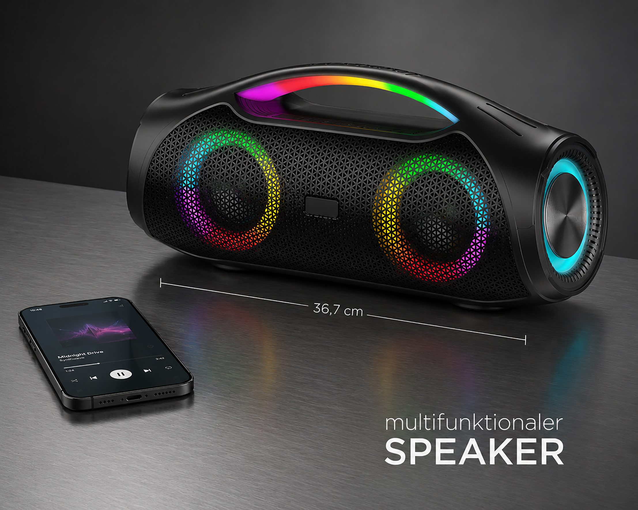 JTC-24 LED Bluetooth BoomBox30, 30W Stereo, RGB LED Beleuchtung Portable-Lautsprecher (30 W, 30 Watt Stereo Sound, Bluetooth, USB, AUX, microSD, LED Beleuchtung)