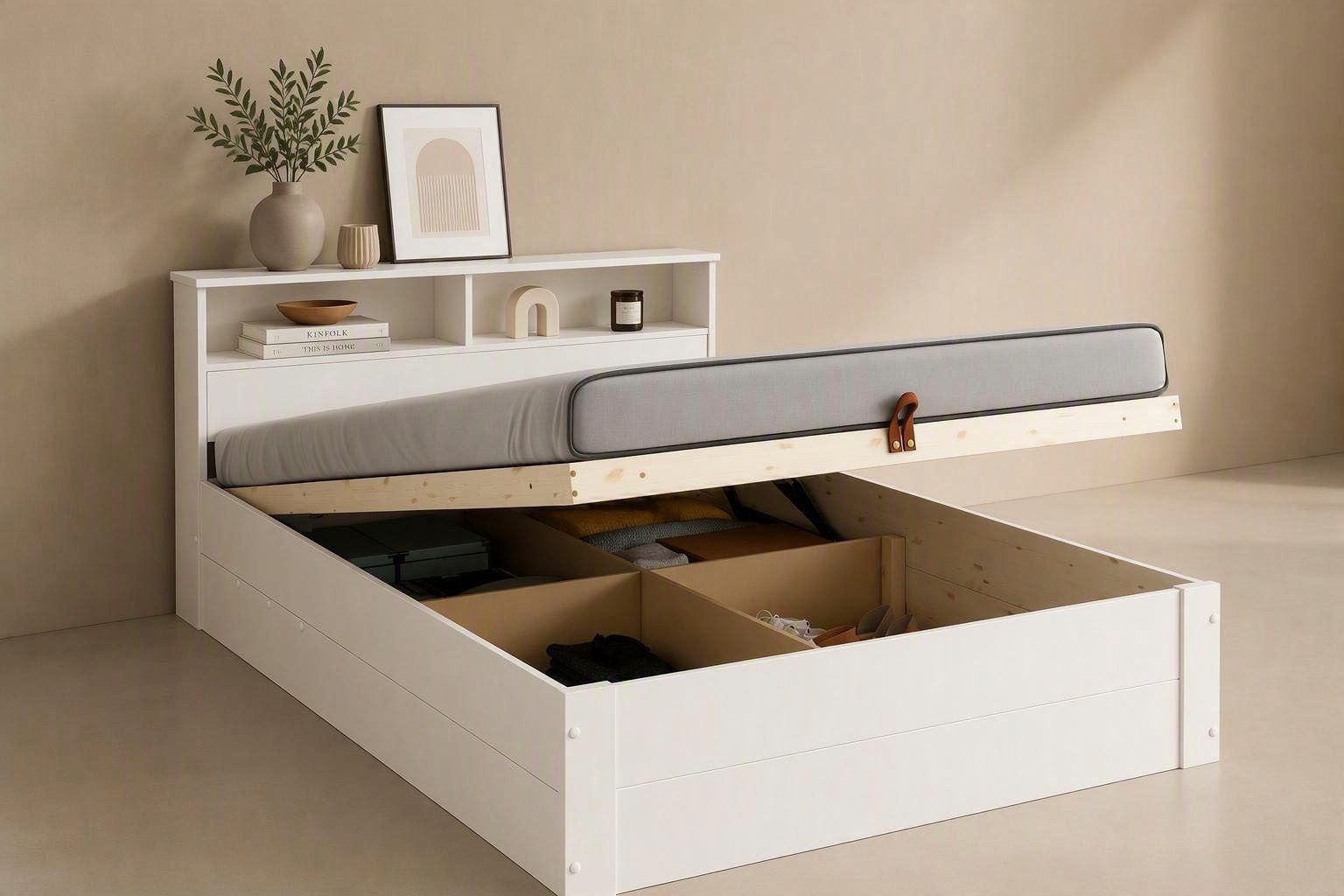 OTTO home Stauraumbett MAREILLES, Bett, Made in Europe, FSC® zertifiziertes Massivholz (140x200cm und 180x200cm), Massivholz, Hebemechanismus, Stauraum im Kopfteil und unter dem Bett
