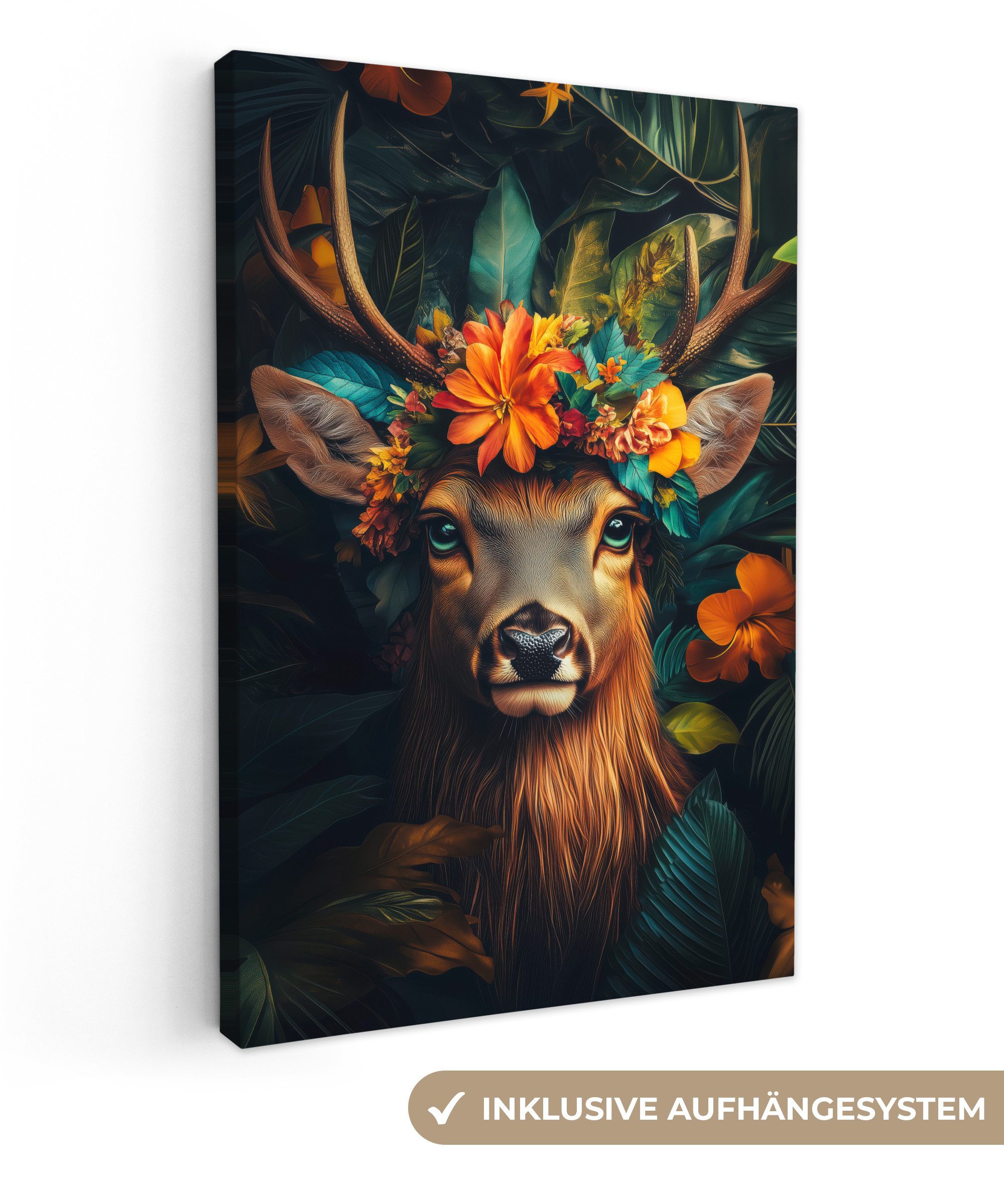 OneMillionCanvasses® Leinwandbild Hirsch - Blumen - Natur - Botanisch - Tier, Fotodruck (1 St), Leinwand Canvas Wandbild, Wanddekoration 20x30 cm