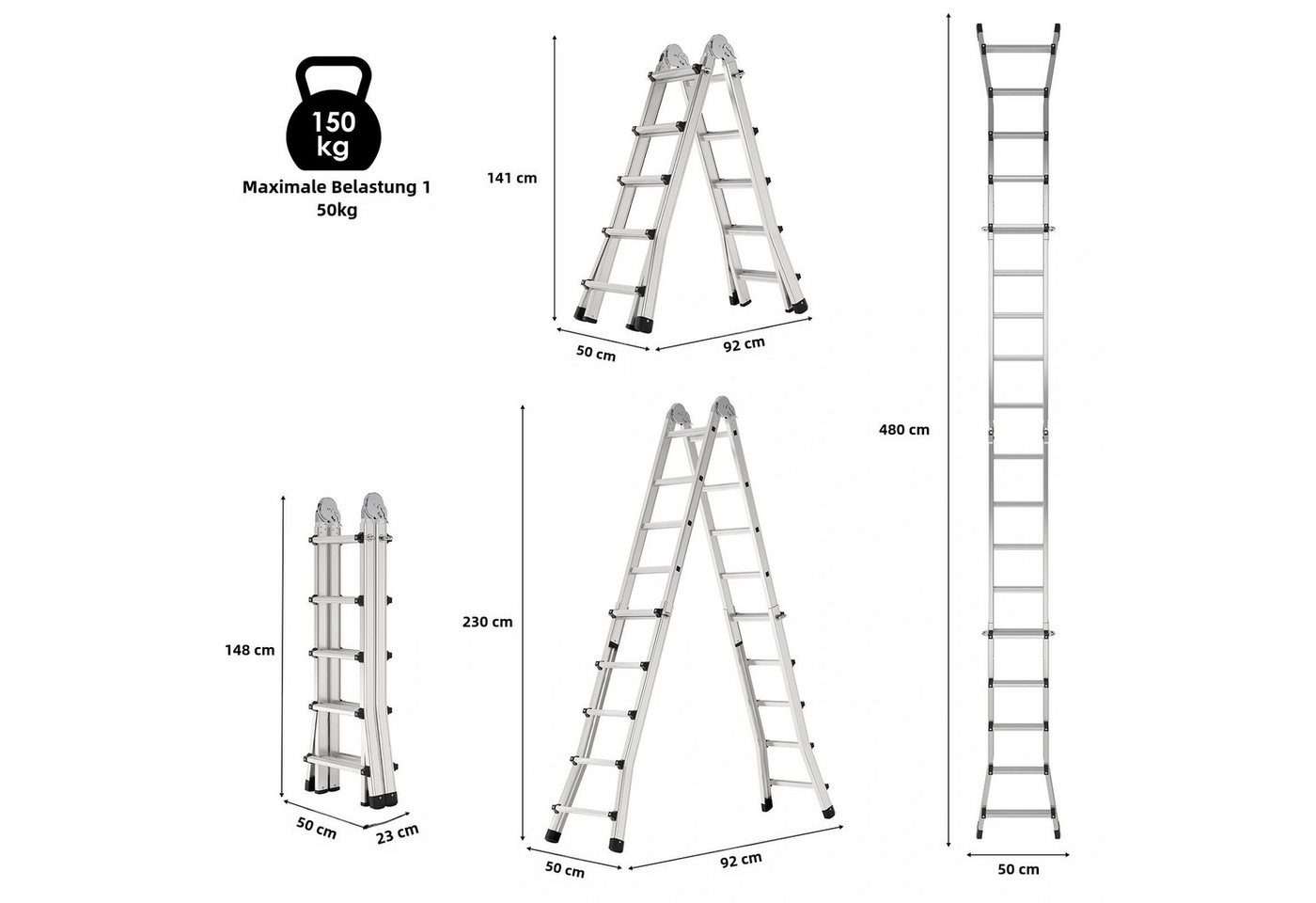 Thumbnail - TLGREEN Teleskopleiter 4,8M Teleskop-Klappleiter aus Aluminiumlegierung, (3 in 1 Vielzweckleiter,4x5 Sprossen Aluleiter,...