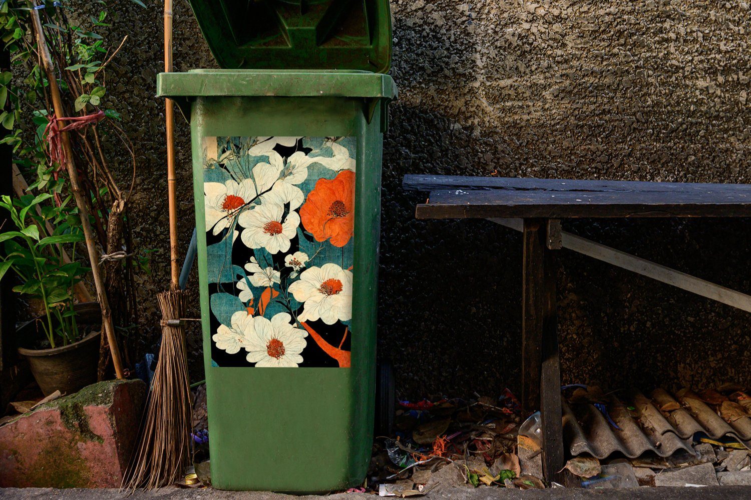 Pflanzen - Orange - MuchoWow Wandsticker Blumen - (1 Sticker, - Container, Mülltonne, Abfalbehälter Vintage Mülleimer-aufkleber, Asien St),