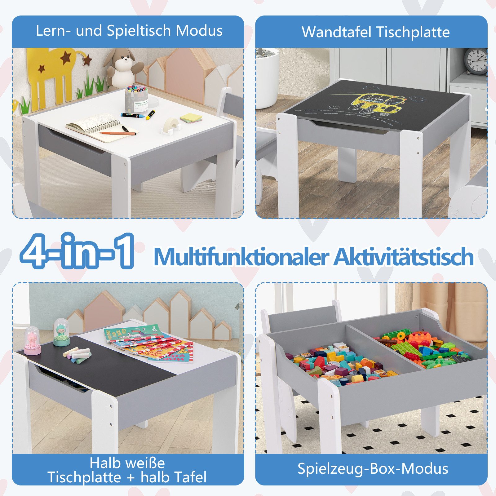 COSTWAY Kindersitzgruppe 3tlg. Kindertisch, aus Holz, günstig online kaufen