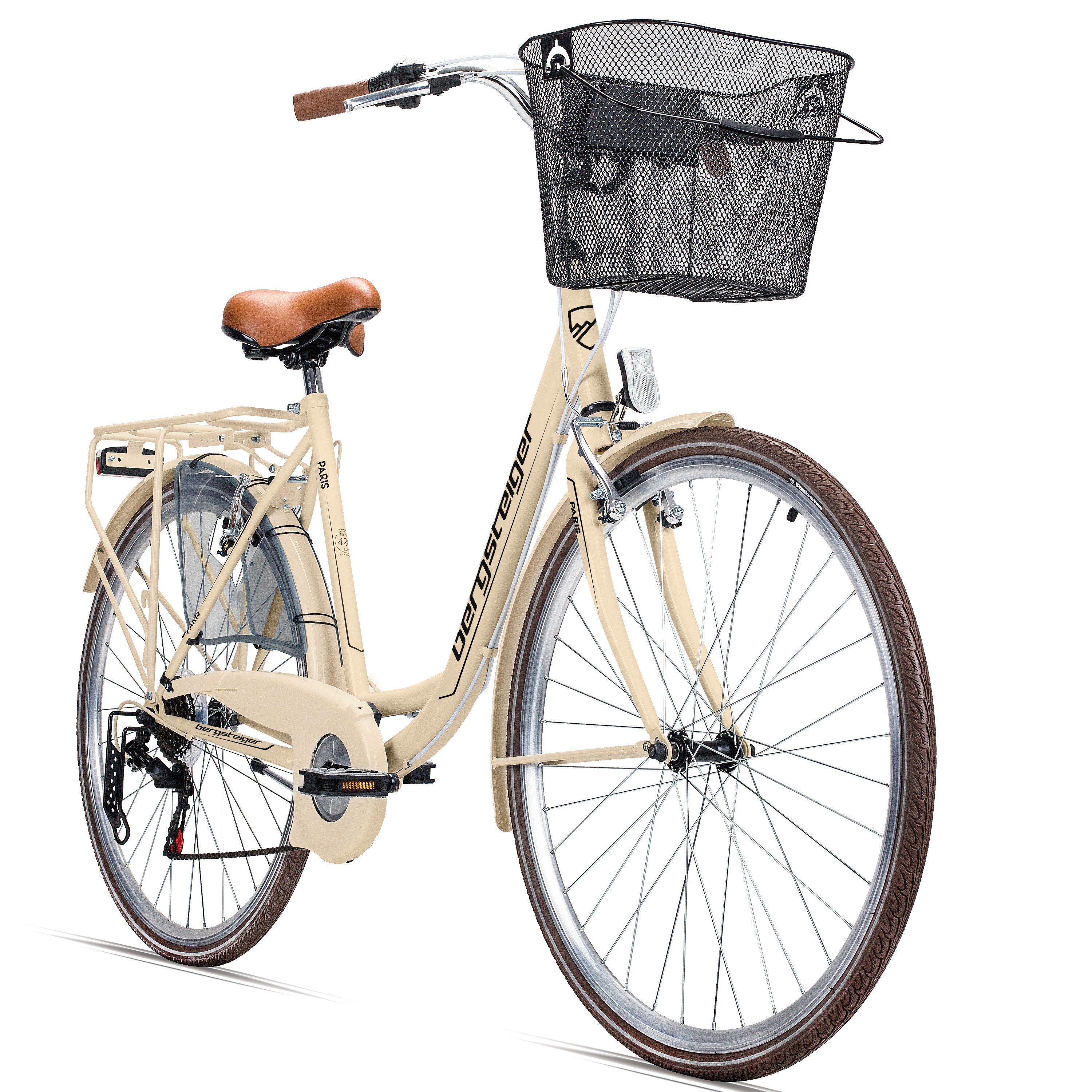 bergsteiger Cityrad Paris 26 Zoll, 28 Zoll Damenfahrrad, ab 140 cm, Korb, Licht, 6 Gang Shimano Tourney RD-TZ50 Schaltwerk, Kettenschaltung, V-Bremsen