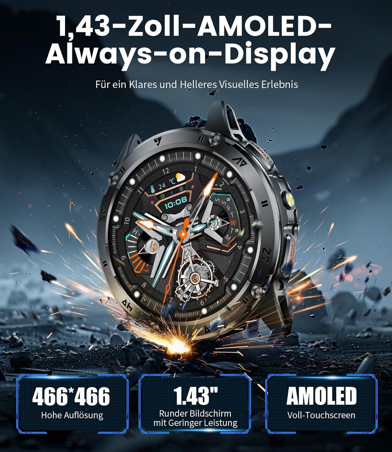 Zevelora Herren's Smartwatch Telefonfunktion 530mAh IP68 Wasserdicht Smartwatch (1.43 Zoll, Android/iOS), 1-tlg., 100+ Sport Modi Smart Watch Herzfrequenz Schlafmonitor Android iOS