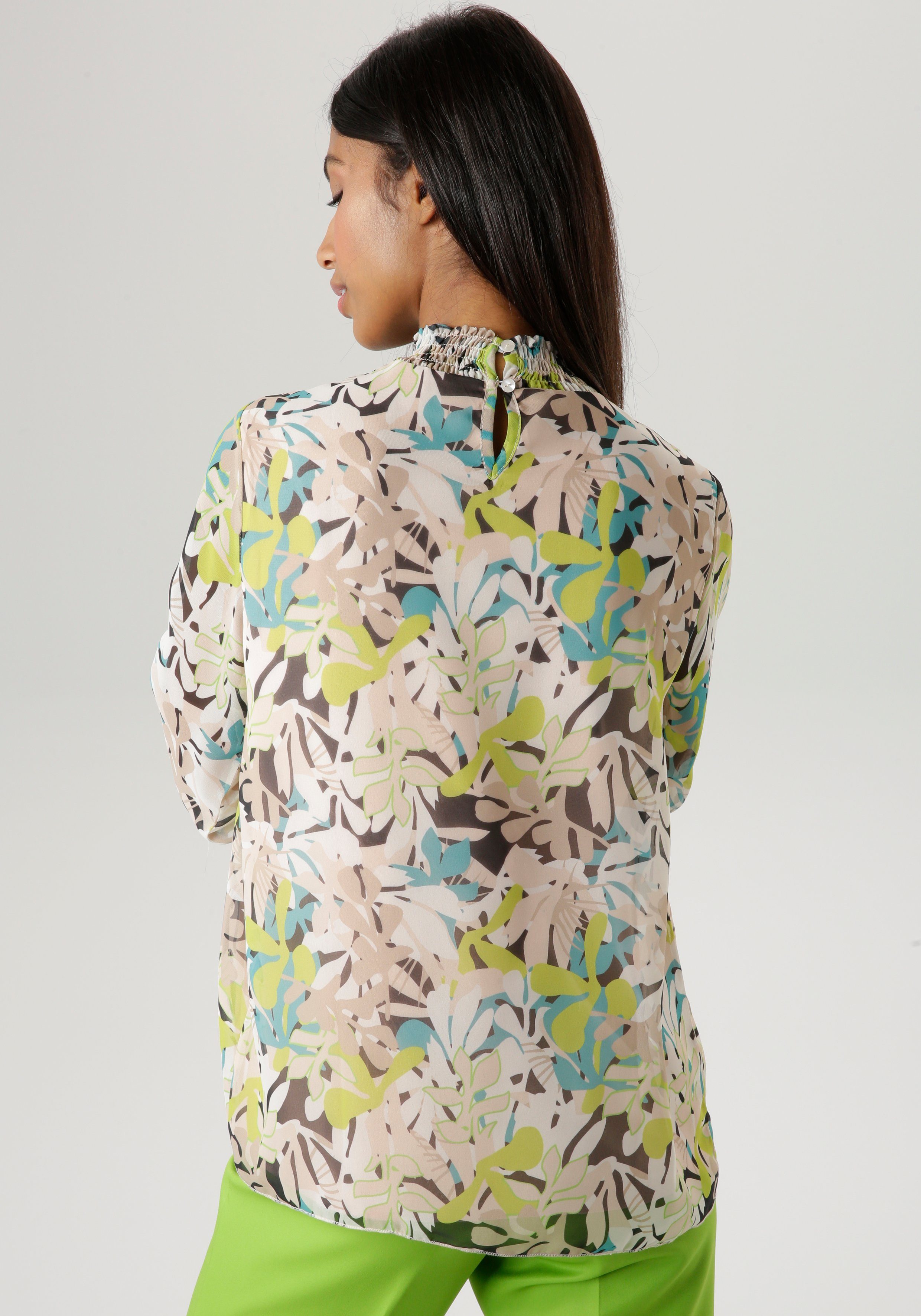 Aniston SELECTED Chiffonbluse mit Blätterdruck und Smokbündchen günstig online kaufen