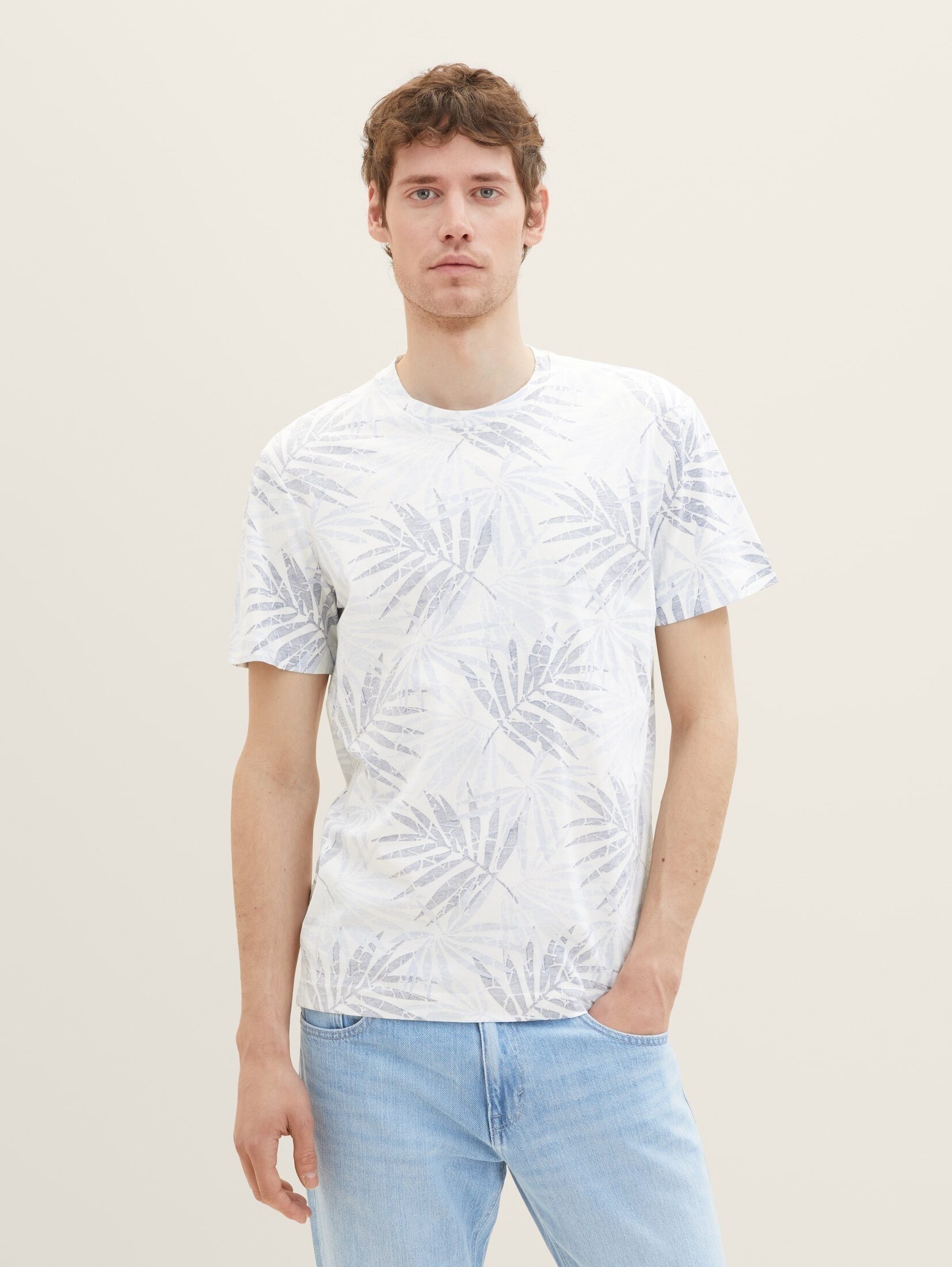 TAILOR design light TOM tonal mit leaf blue Allover-Print T-Shirt T-Shirt