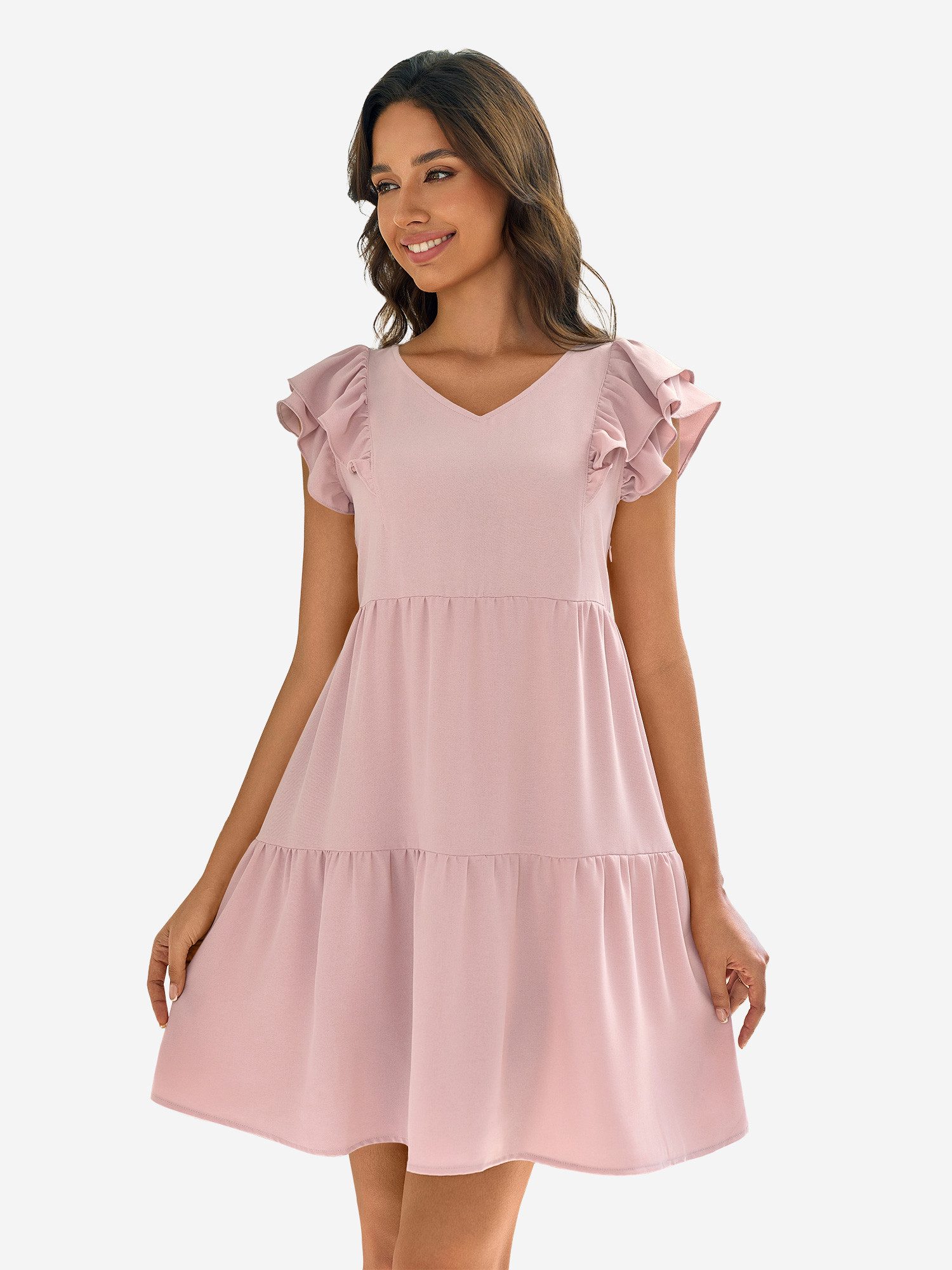 Imily Bela Minikleid Damen Niedliches Fließendes Babydoll-Kleid (Packung, 1-tlg., 1per-Pack) mit Rüschenärmeln
