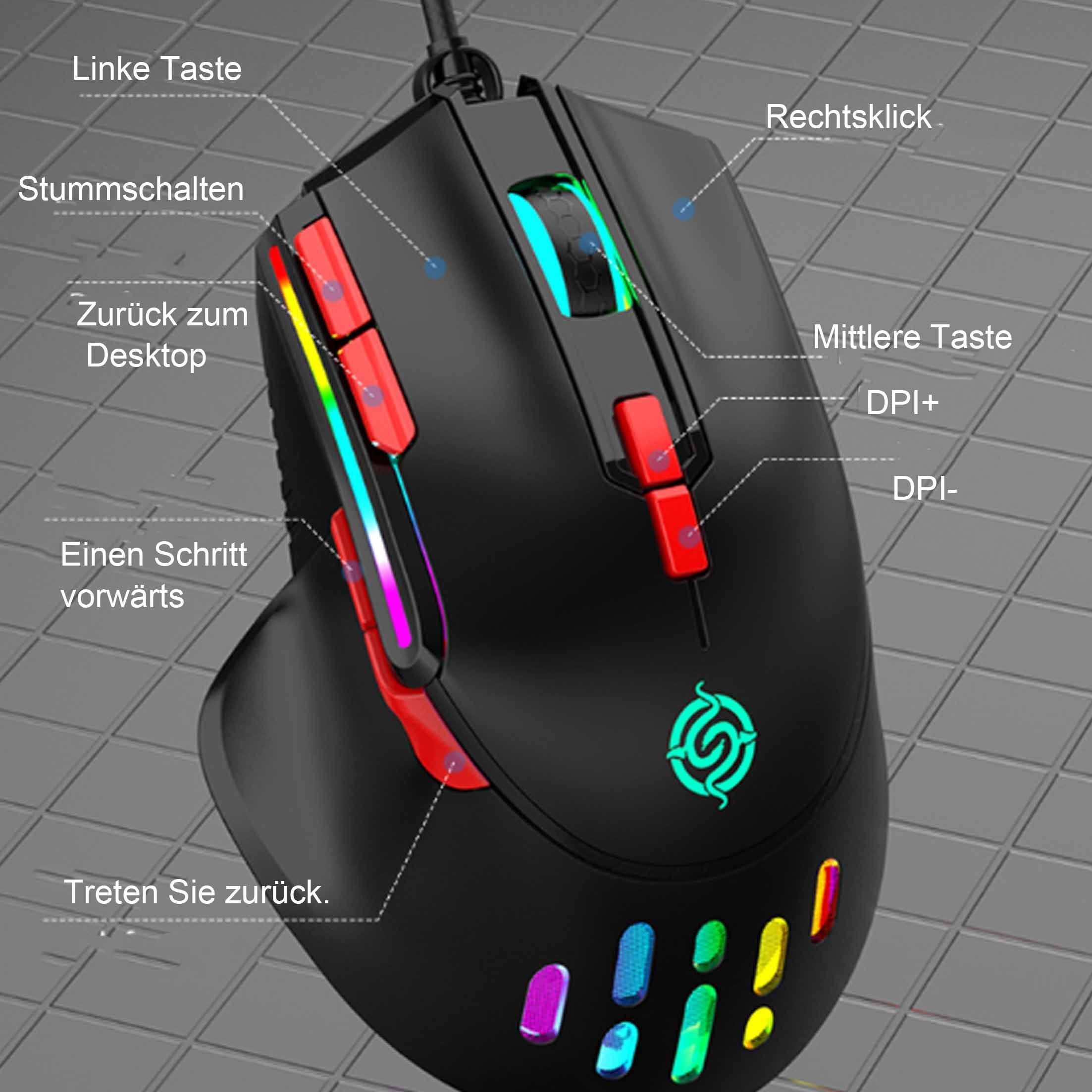 feinlux Mechanische Maus,Maus,PC Maus,Kabelgebundene Maus Mäuse (Kabelgebundene, 6400 dpi, RGB-Lichteffekt "Running Horse“, sechsfach variable DPI)