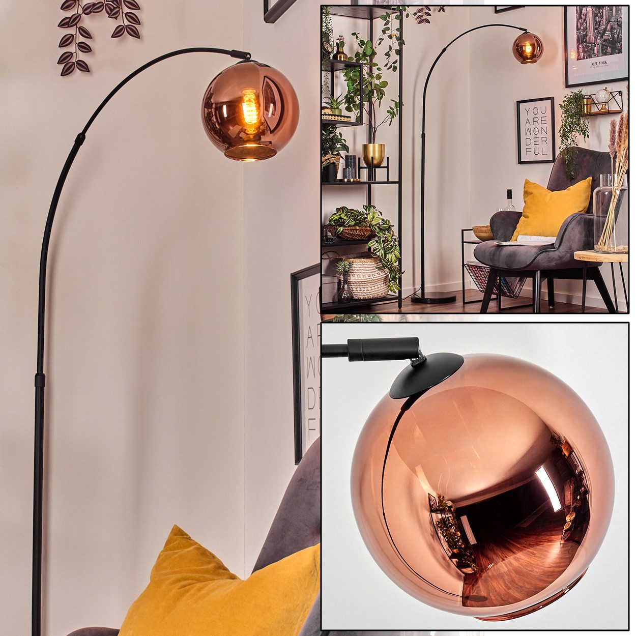 Stehlampe Stehlampe aus Metall/Glas in Schwarz/Kupferfarben mit Marmorfuß