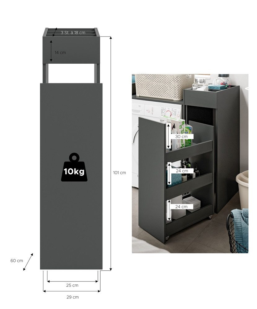 xonox.home Waschbeckenunterschrank Badezimmer Kommode, Ausziehregal l Free, anthrazit (1-St) Badschrank,Standregal,Breite 25 cm,variabel stellbar – Bild 5 von 5