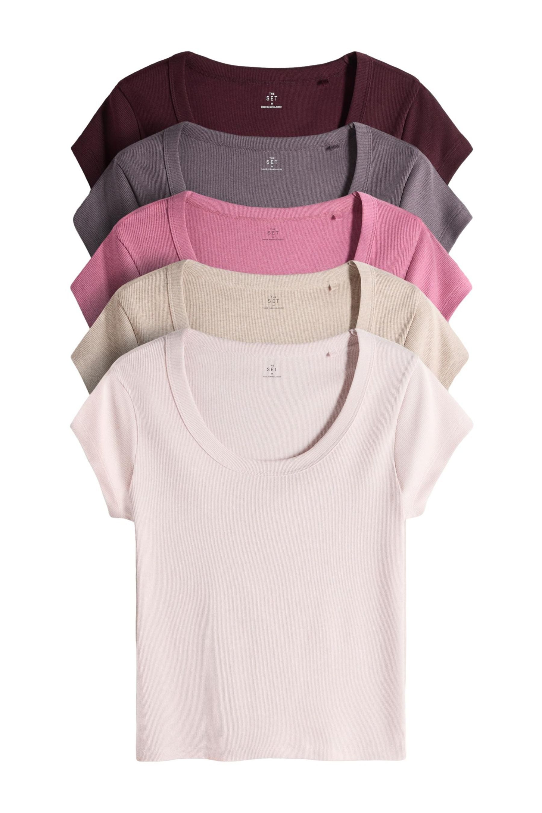 T-Shirt The Set Gerippte T-Shirts, U-Ausschnitt, 5er-Pack
