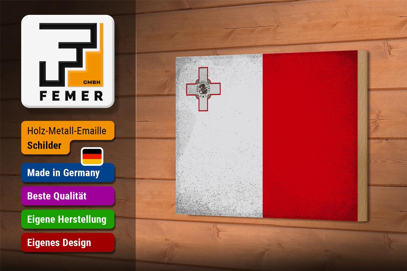 Femer GmbH Holzbild Flagge Malta 18x12 cm Flag of Malta Vintage, Flaggen (1 St), Glatte Holzfaserplatte (MDF), vorn beschichtet