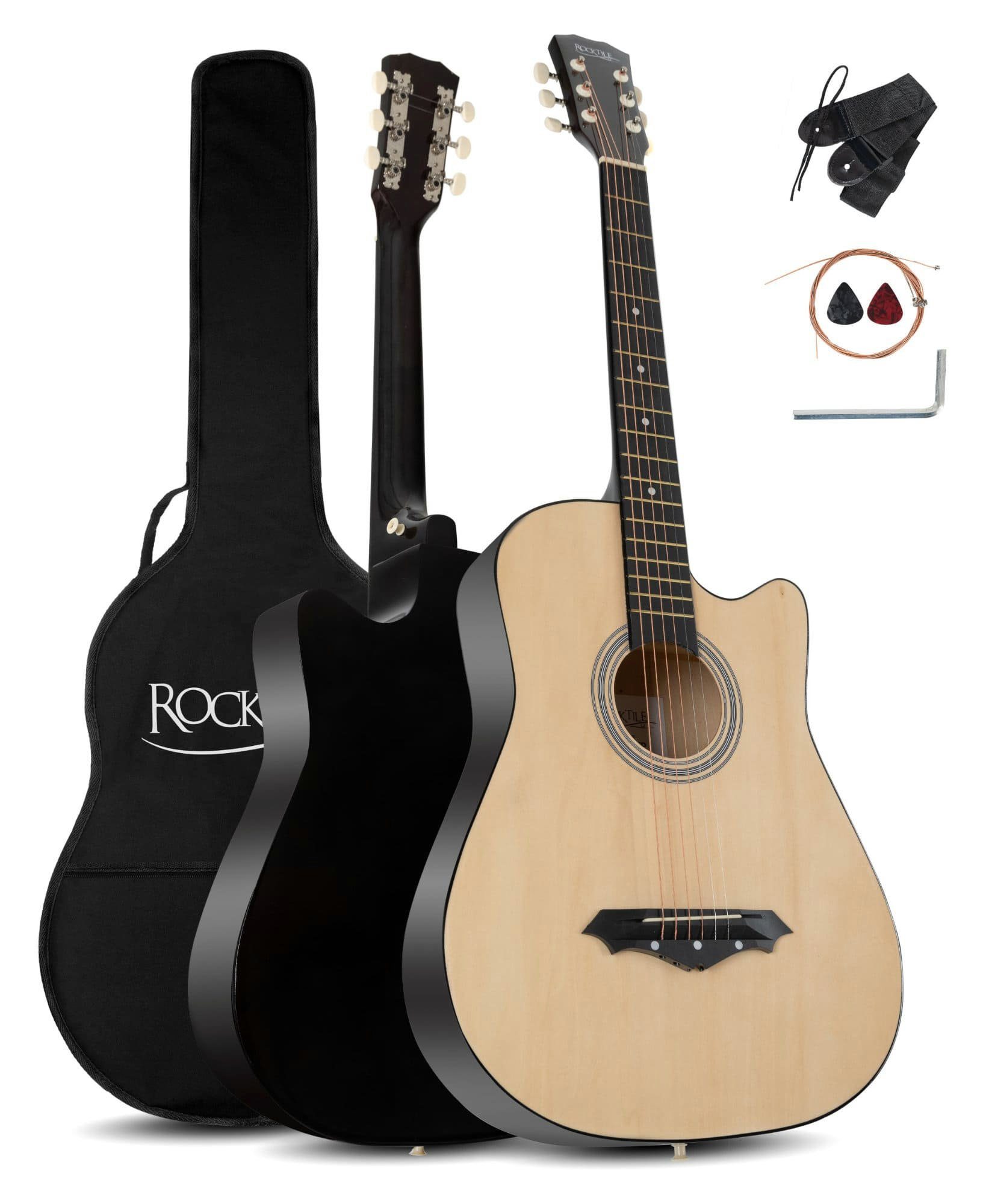 Rocktile Westerngitarre WSD-5C Slim Line Akustikgitarre Set - Dreadnought Akustik Gitarre, Set inkl. Tasche, Ersatzsaiten, Gurt und Plektren