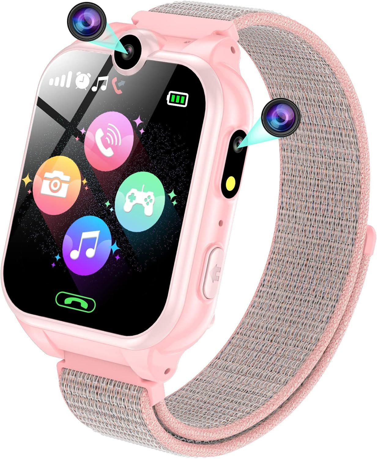PTHTECHUS für Mädchen Jungen mit Telefonieren Smartwatch (1.68 Zoll), mit Anruf, SOS, 18 Spiele, Musik, Kamera, Wecker, Taschenlampe