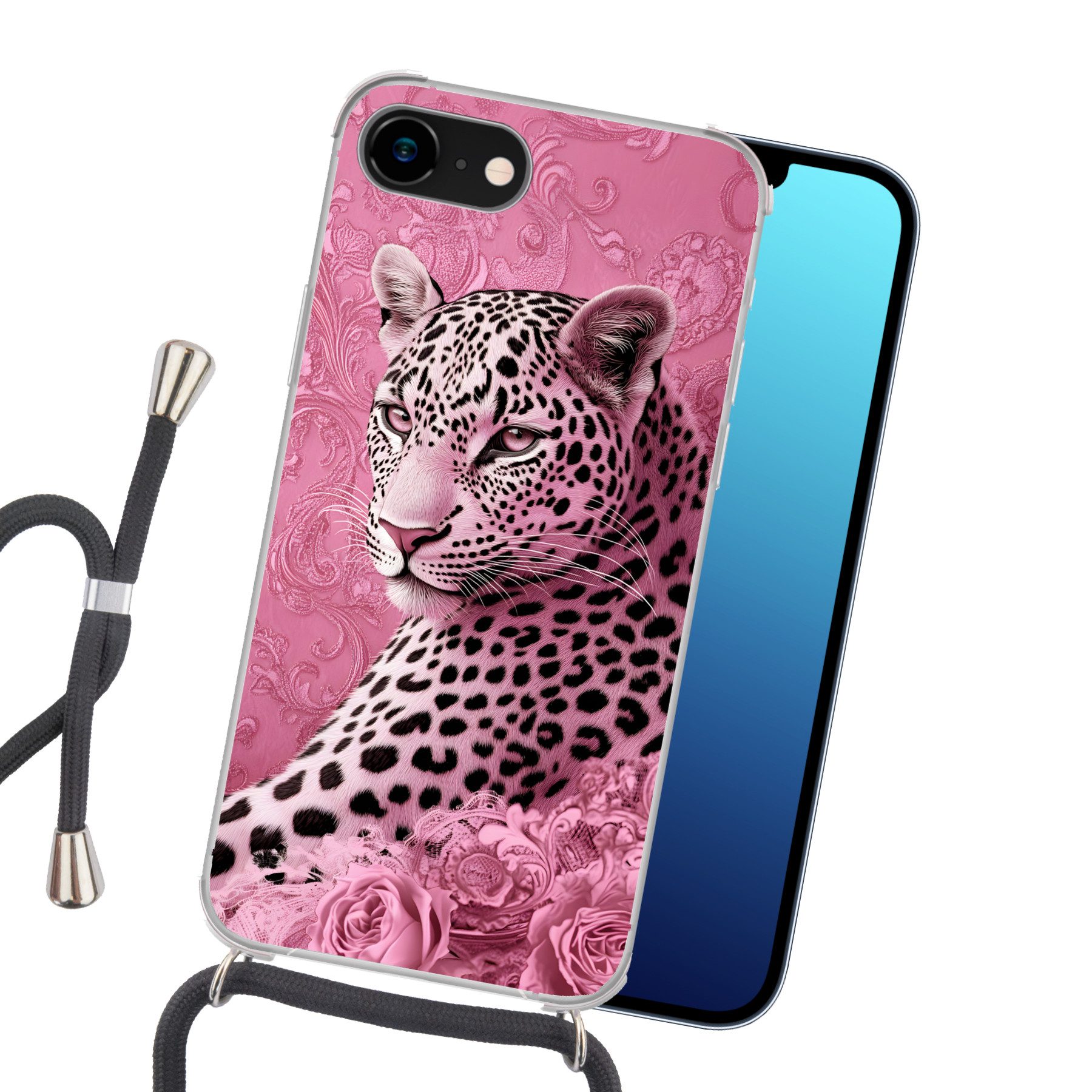 MuchoWow Handyhülle für Apple iPhone 8 Panther - Deluxe - Rosa, Tragbare Handyhüllen mit Kette zum umhängen, Handykette Handyband