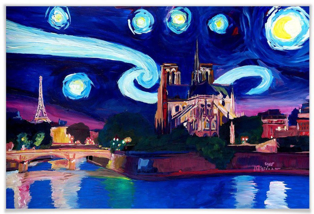 Wall-Art Poster Van Gogh Stil Poster, bei (1 Paris Stadt Bild, Wandposter Wandbild, St), Nacht, Stadt
