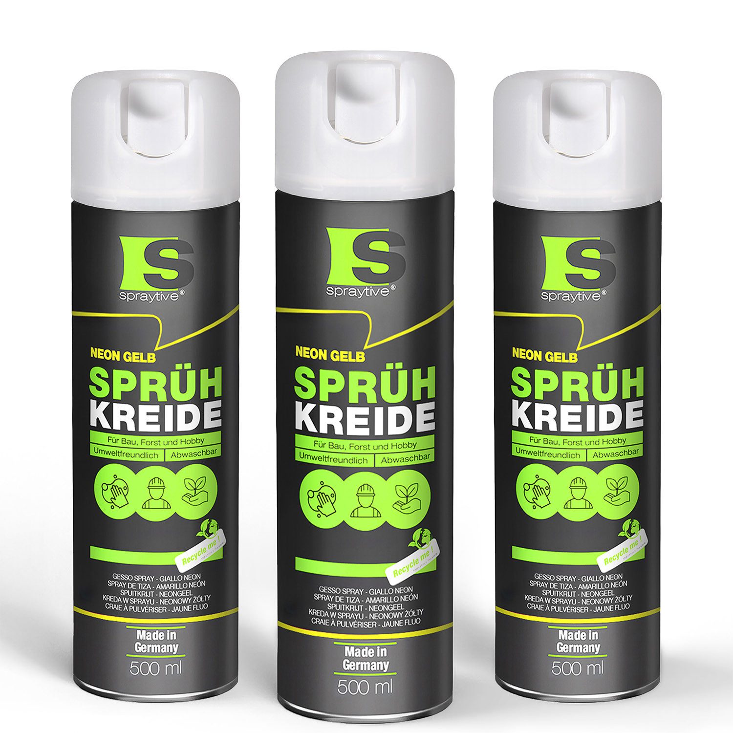 Spraytive Sprühfarbe 3x 500ml Sprühkreide neon-gelb – abwaschbare leuchtende Kreidefarbe, Made in Germany