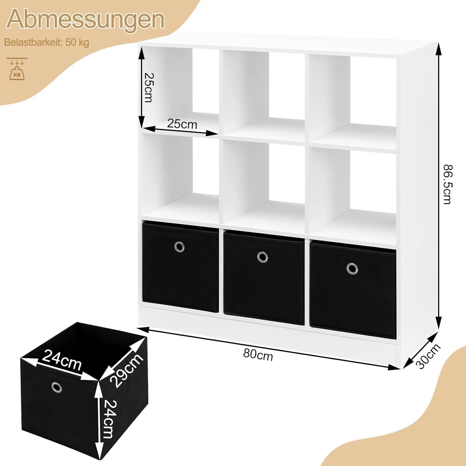 Woltu Bücherregal, mit 9 Fächern, Raumteiler 3 Schubladen aus Vliesstoff