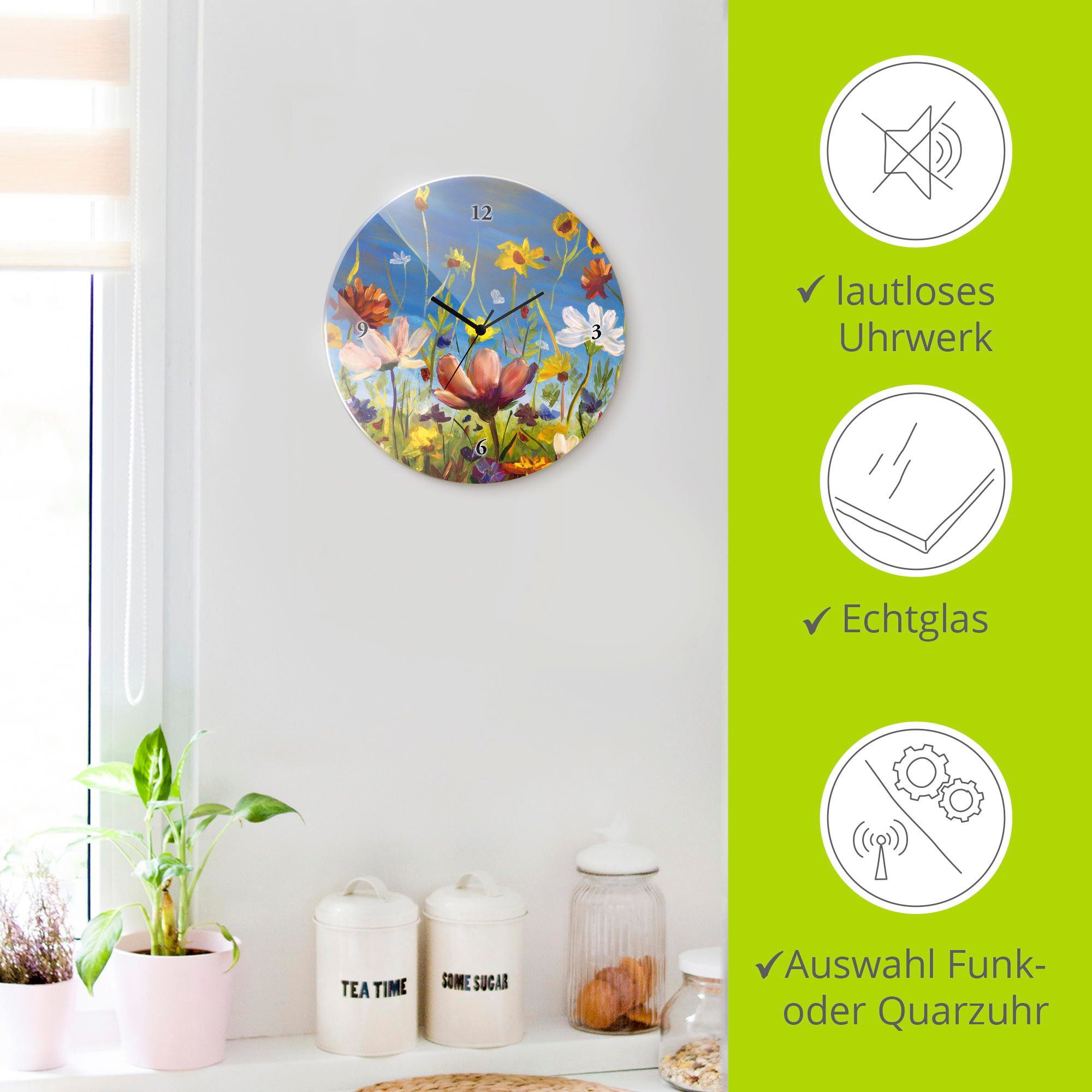 Artland Wanduhr Glasuhr rund Wildblumenwiese (wahlweise mit Quarz- oder Funkuhrwerk, lautlos ohne Tickgeräusche)