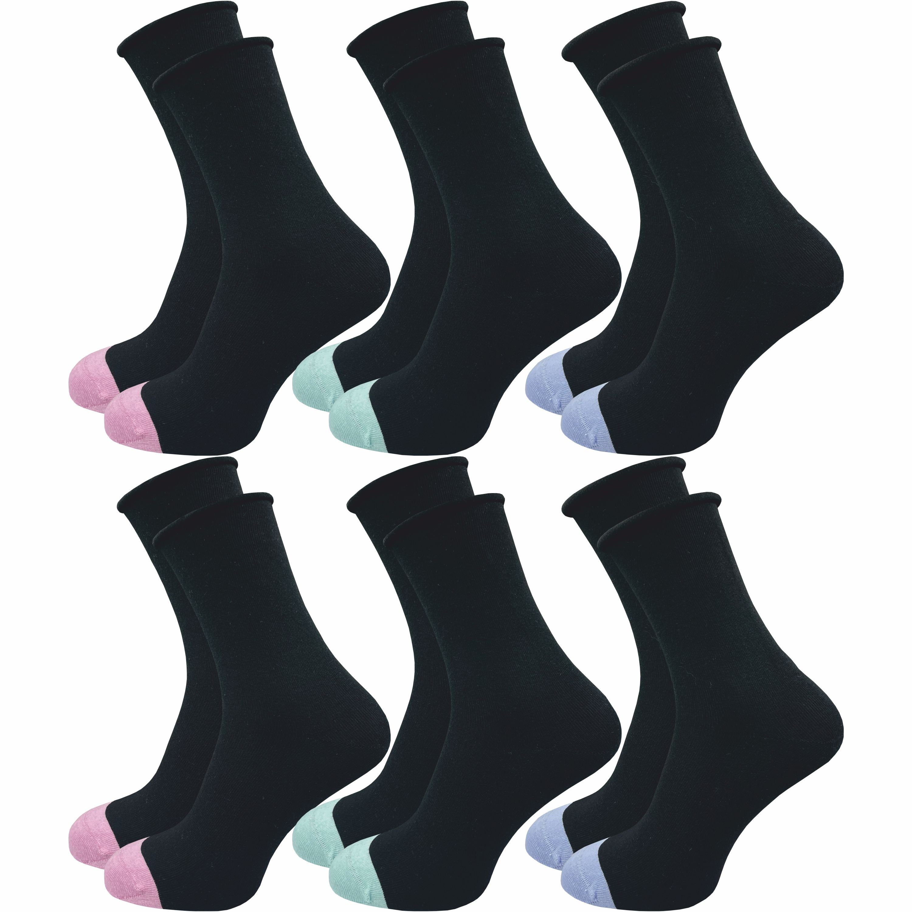 GAWILO Diabetikersocken für Damen mit Rollrand - Ohne drückende Naht & ohne Gummidruck (6 Paar) Venensocken aus atmungsaktiver Baumwolle - in schwarz & bunt schwarz+++