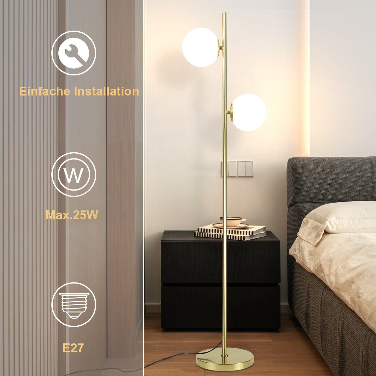 ZMH LED Stehlampe Gold 2-Flammmig Wohnzimmerlampe günstig online kaufen