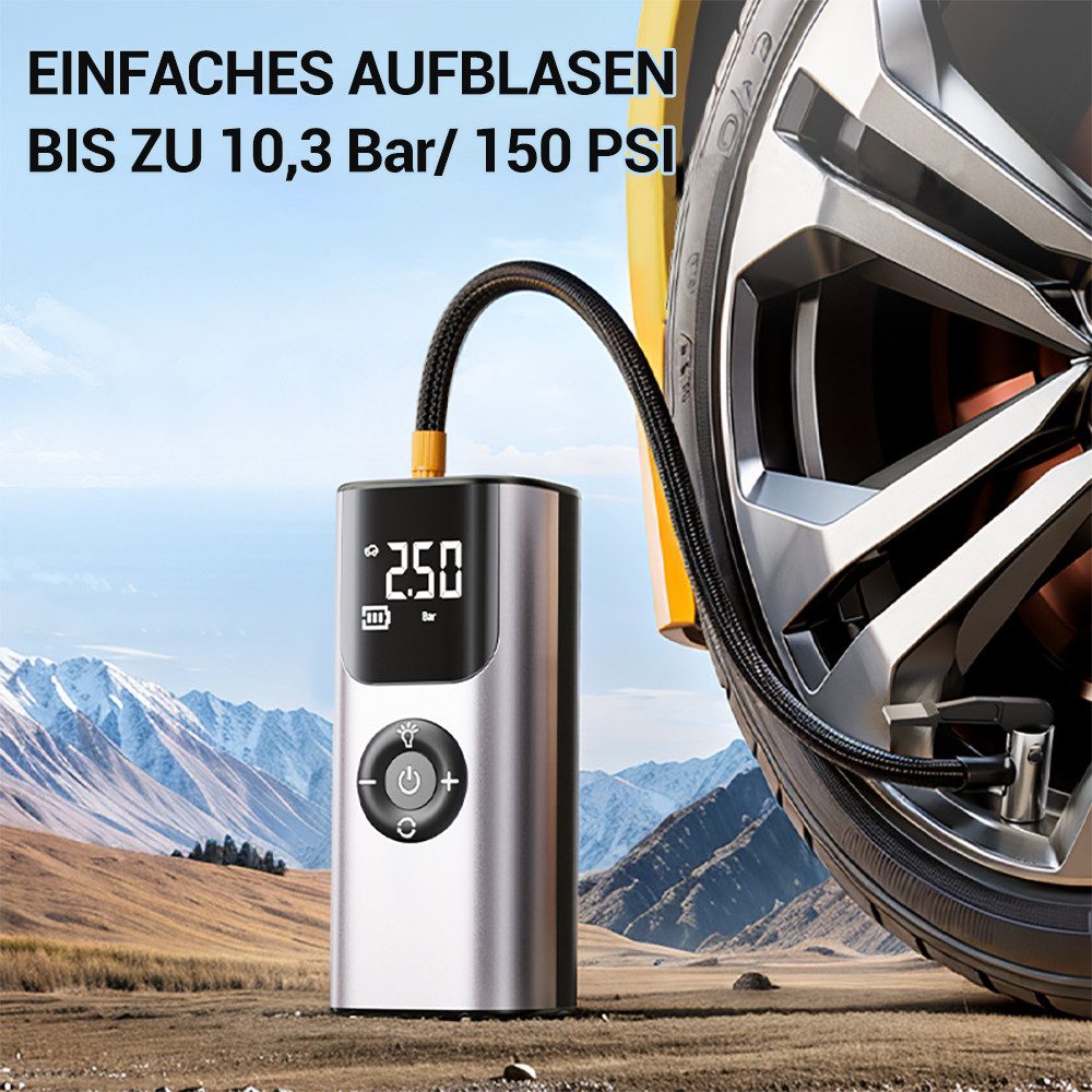 Quntis Akku-Luftpumpe 4000 mAh 150 PSI Elektrische Luftpumpe mit Bildschirm, Mit USB & Licht (Set, 1-tlg), für Camping und Fahrrad, als Taschenlampe und Powerbank