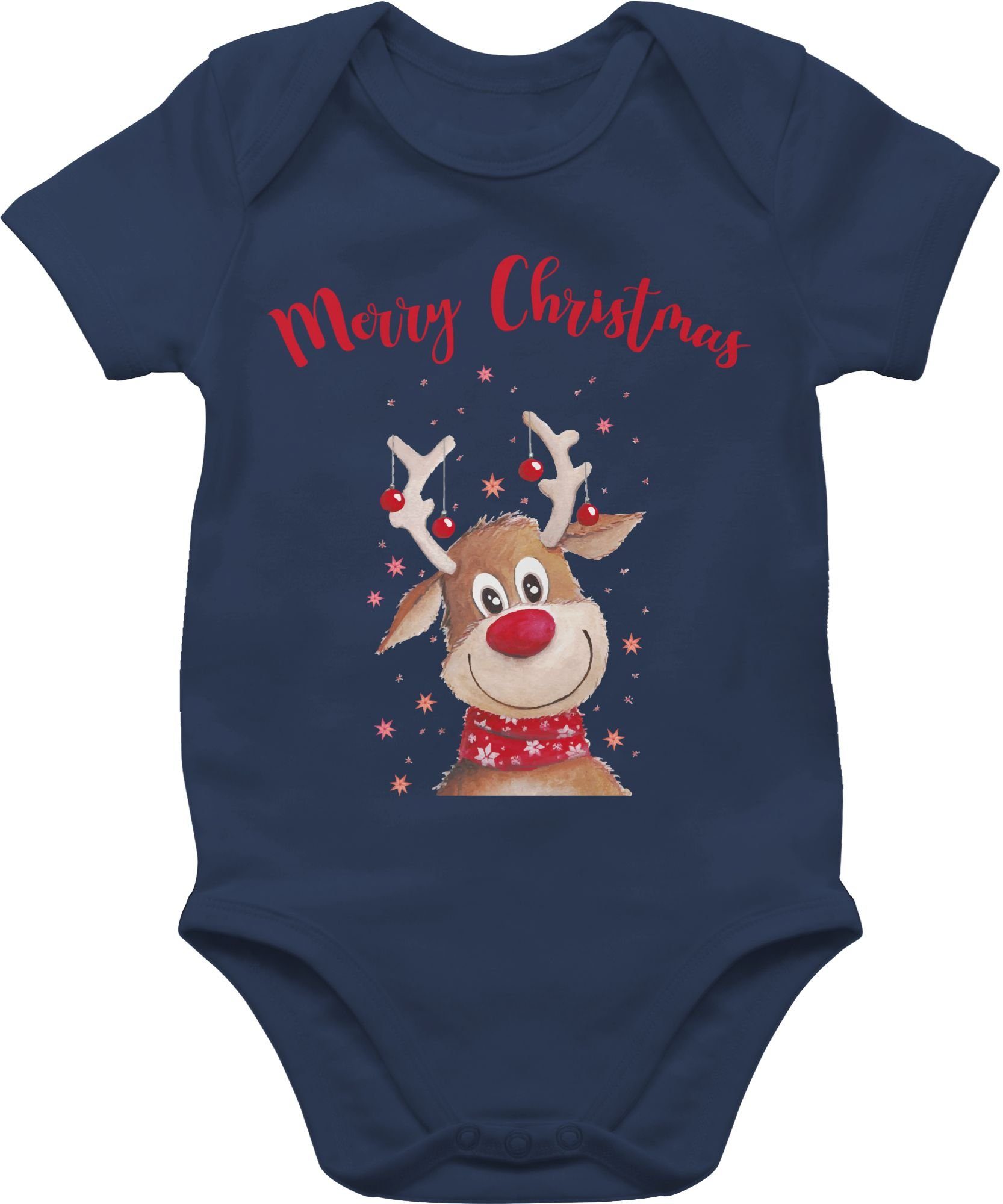 Kleidung Blau Sternen Shirtbody Navy mit Weihnachten Christmas Aquarell Rentier Shirtracer 3 Merry Baby