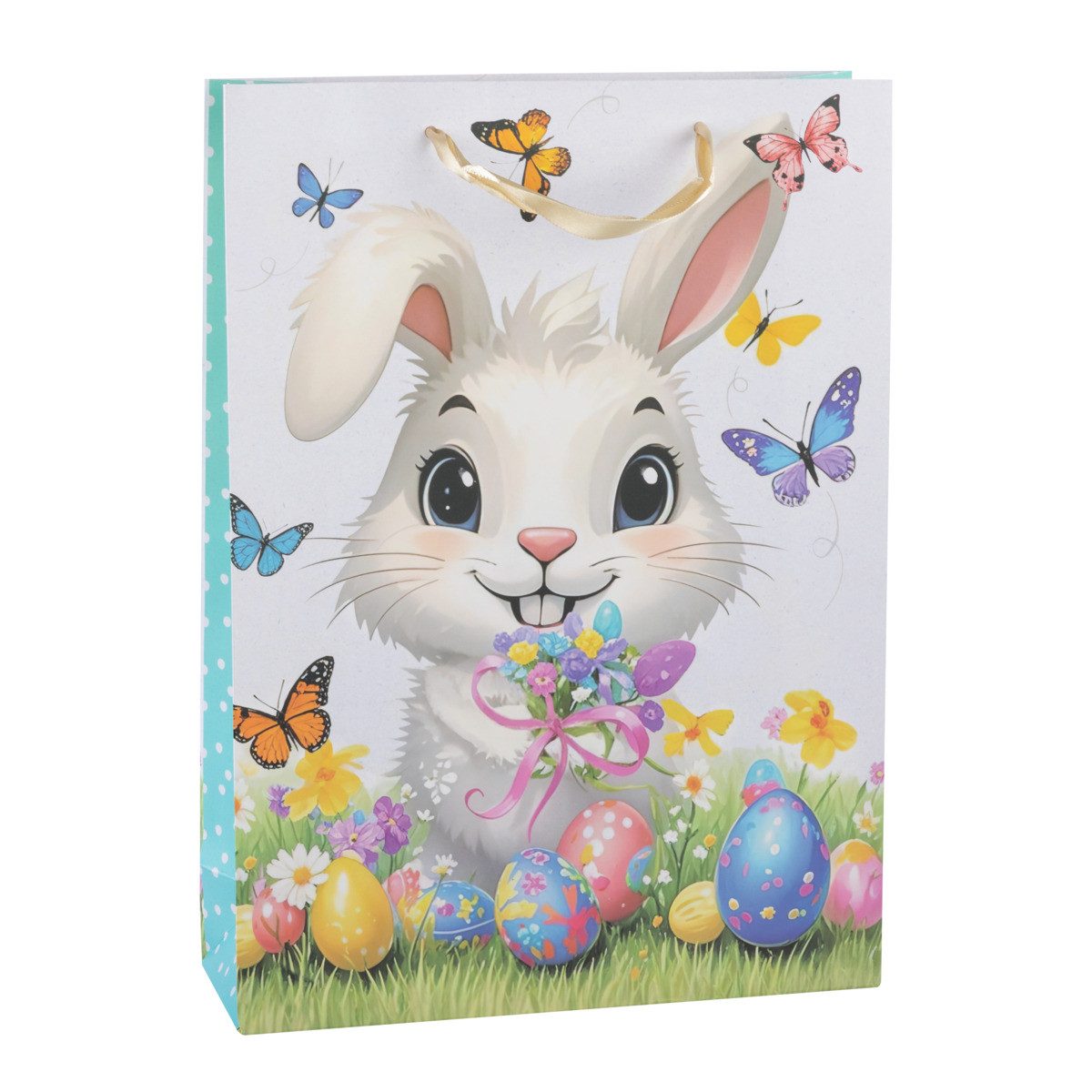 Idena Tragetasche Geschenktasche - Ostern, Hase weiß mit Eiern, 25 x 34,5 x 8,5 cm