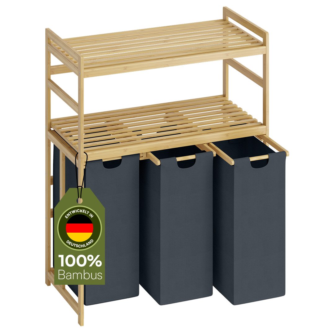 Bellamio Wäschekorb Newa aus Bambus (3 Fächer mit 2 Ablagen, Dunkelgrau), a günstig online kaufen