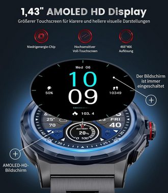 Lige Smartwatch Herren Telefonfunktion AMOLED Touchscreen 120+ Sportmodi Smartwatch (1,43 Zoll, Android iOS), Sportuhr mit Herzfrequenz Schlafüberwachung Blutdruckmessung IP68
