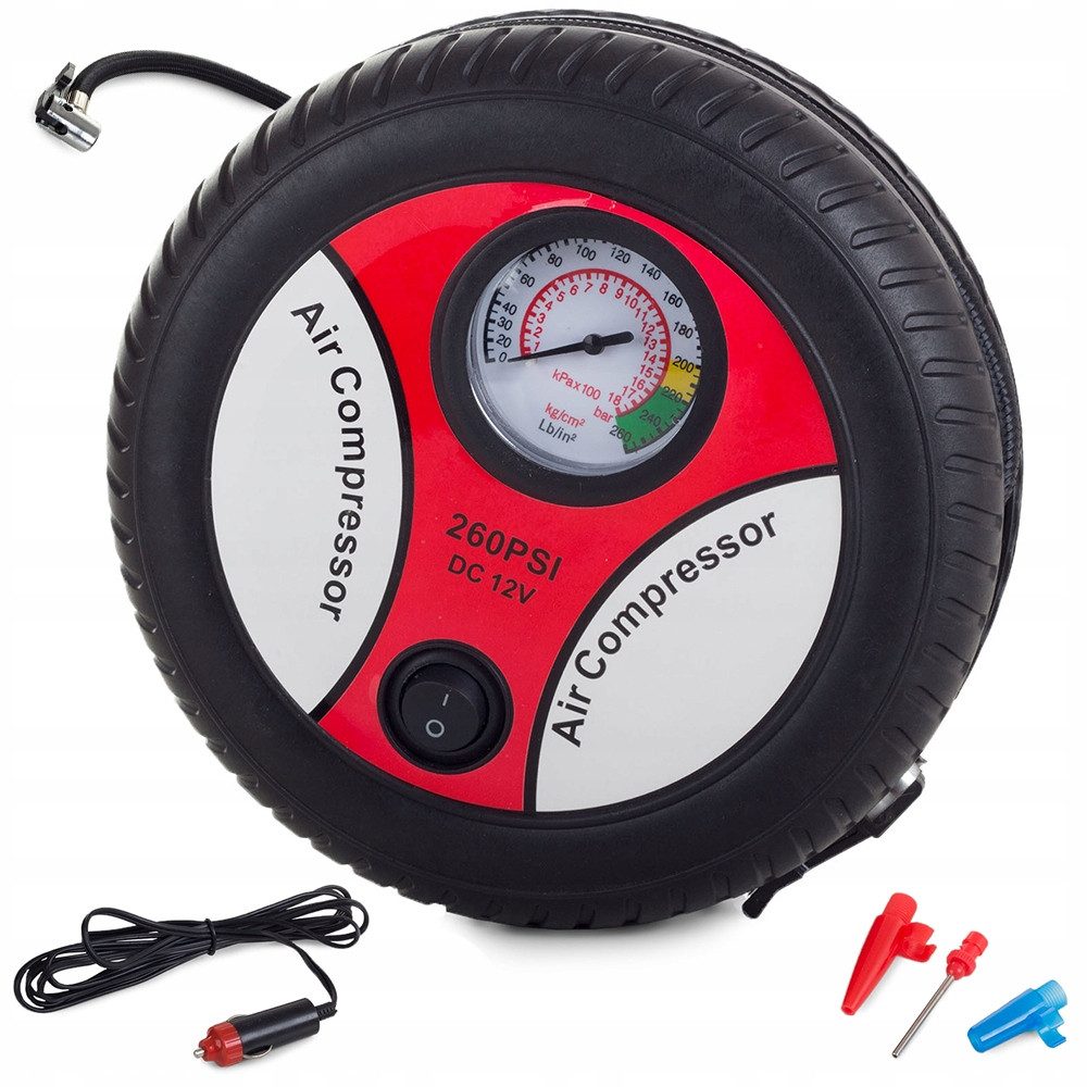 VERK GROUP Kompressor Luftkompressor 12V Reifenpumpe Fahrrad Motorrad Auto mit Manometer, 1-tlg., 12V-Anschluss, Manometer, 3 Adapteraufsätze