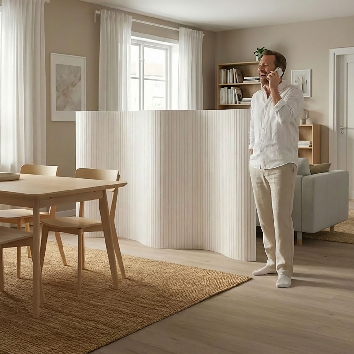 Homestyle4u Paravent Raumteiler Indoor Holz Trennwand Bambus Sichtschutz 145x200 195x200 (1 St), Weiß, Faltwand