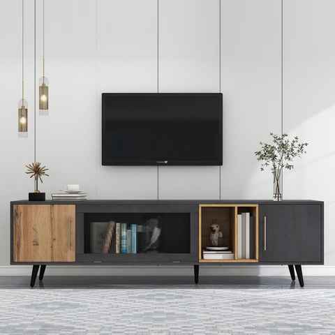 Merax Lowboard mit Klapptür aus Glas und abnehbarem Fach, TV-Schrank mit großen Stauraum, Breite 200cm