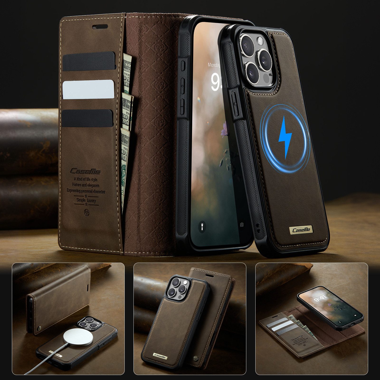 Mycotech Handyhülle Premium 2in1 Klapphülle mit abnehmbarem Magnet Case MagSafe Für iPhone 15 Pro Max, Braun – Bild 5 von 5