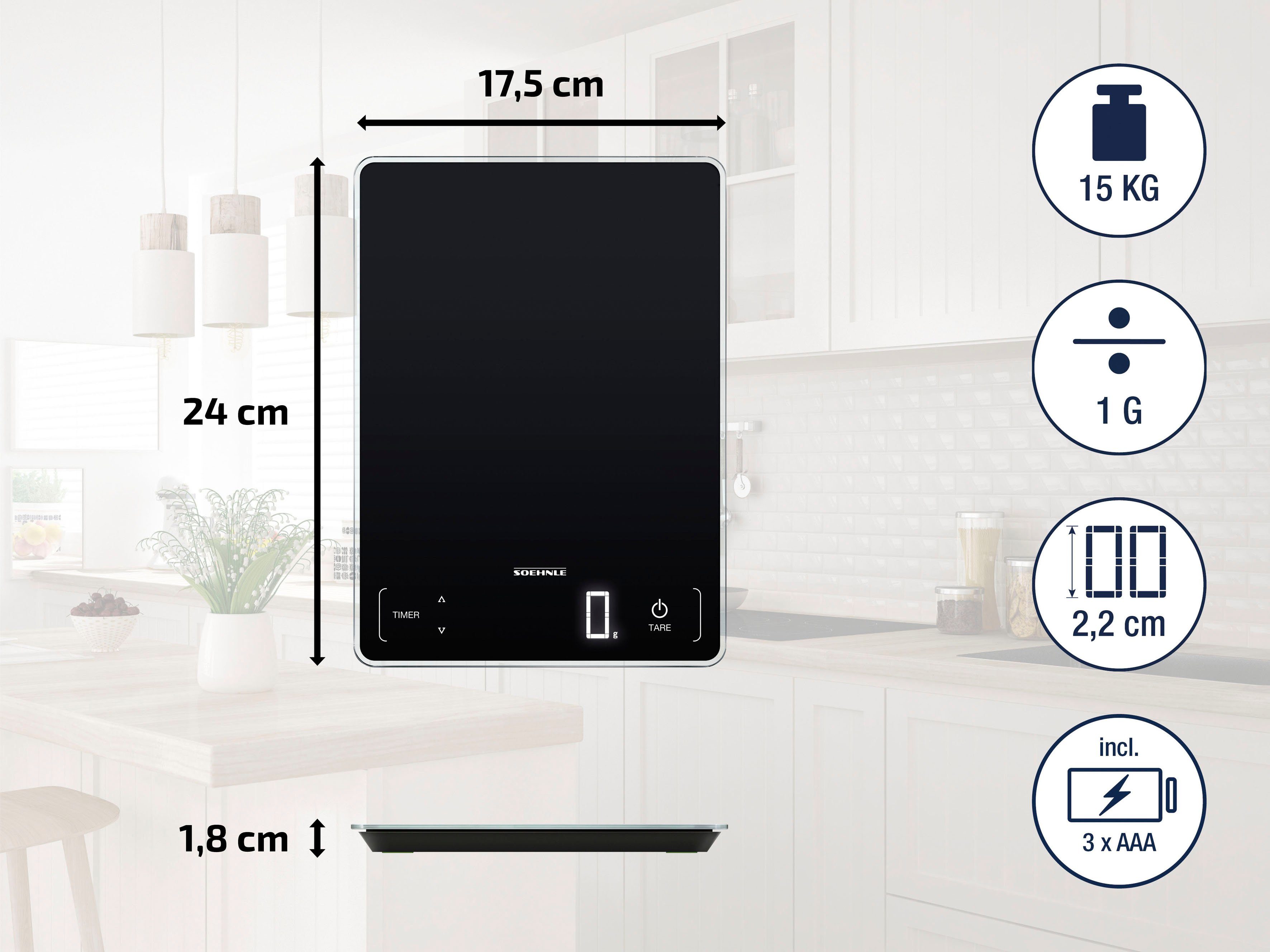 Küchenwaage 15 kg, zu 100, Page Tragkraft bis Soehnle Küchentimer, &Sensor-Touch Teilung + 1g Profi genaue