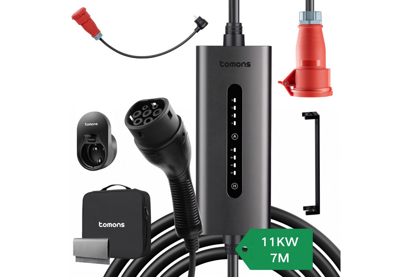 Tomons 11kW Wallbox Typ 2 Ladekabel mit CEE-Stecker 3-Phasen, 7M, 6-16A Autoladekabel, Mobiles Wandladegerät, Strom einstellbar, zeitgesteuertes Laden