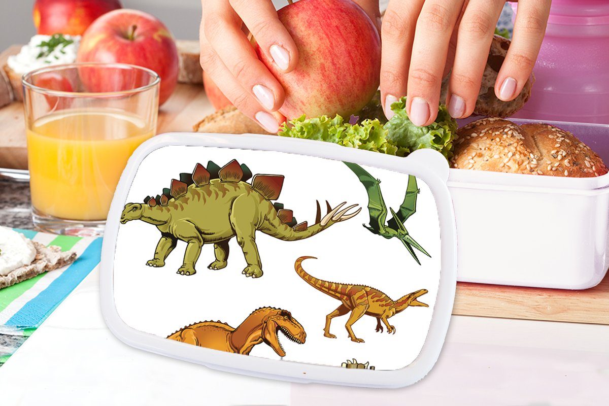 Zeichnung Brotdose, Erwachsene, Jungs Mädchen - Jungen Kinder für Lunchbox (2-tlg), Brotbox - Kunststoff, weiß Dinosaurier Kinder, für - und und MuchoWow