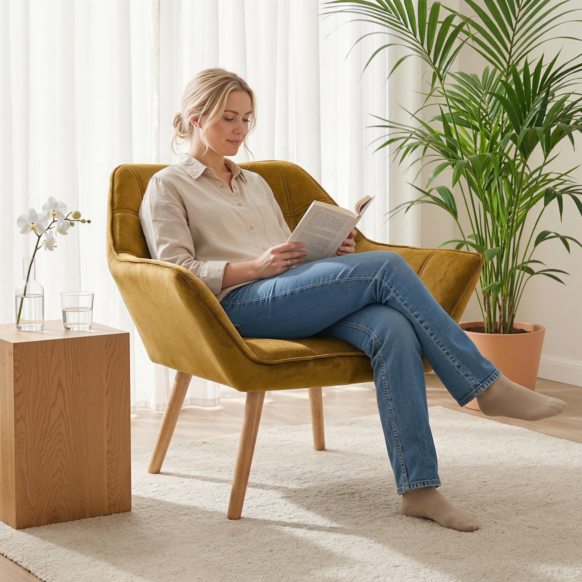 HOMCOM Relaxsessel Sessel mit Gummiholzbeine, Lesesessel Samtoptik, skandinavisch (Esszimmerstuhl, 1-St., Stuhl), für Wohnzimmer, Schlafzimmer, Gelb