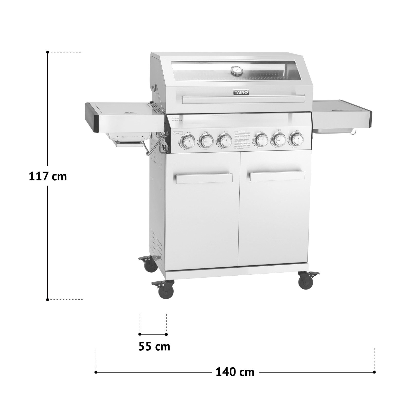 TAINO Gasgrill PLATINUM YAMARA 4+2 + Haube, Spar-Set, Grillwagen, Sear-Zone, 4 Brenner, Silber