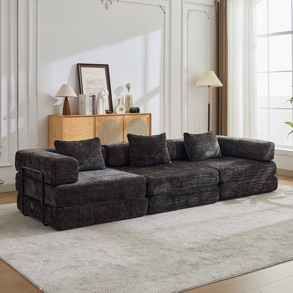 Vankel 3-Sitzer Sofas Wohnzimmer, 3-Sitzer Sofa mit Schlaffunktion Chenille, Modulares Schlafsofa, faltbar, komfortabel und ohne Montage