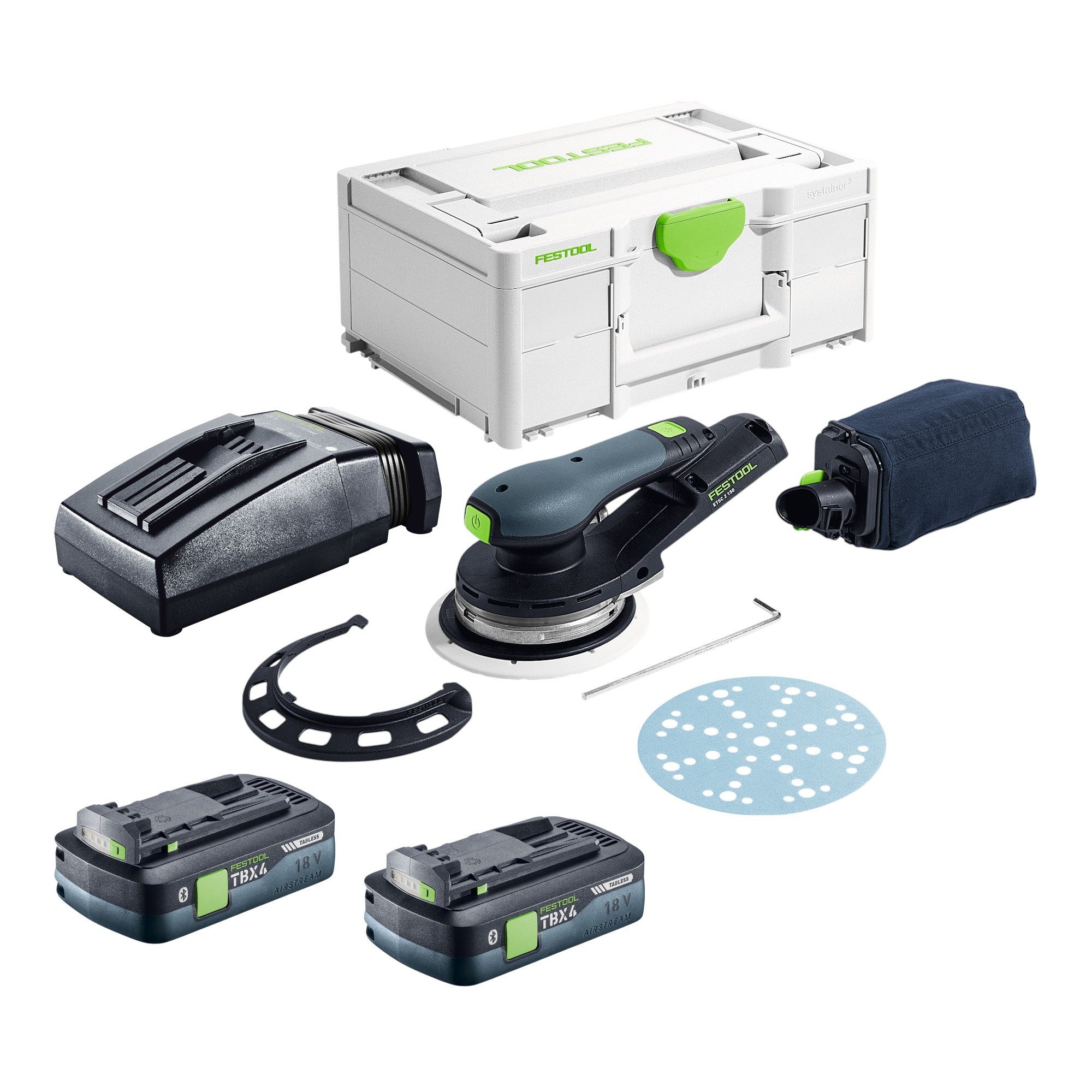 FESTOOL Exzenterschleifer ETSC 2 150-Basic 18 V 150 mm + 2x Akku 4,0 Ah + Ladegerät + Systainer