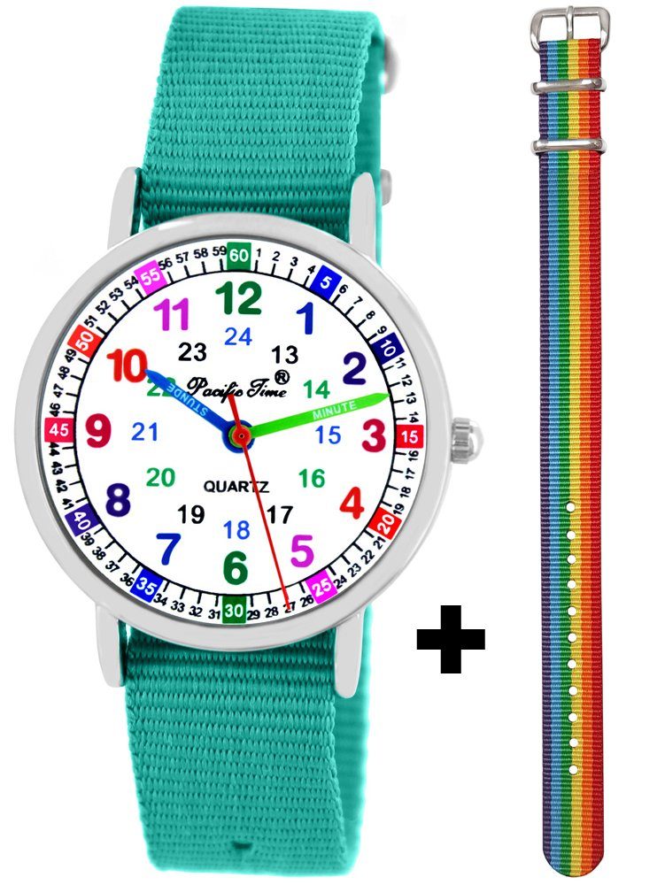 Pacific Time Quarzuhr Lernuhr für Kinder, + farbiges Einhorn Regenbogen Armband - Gratis Versand