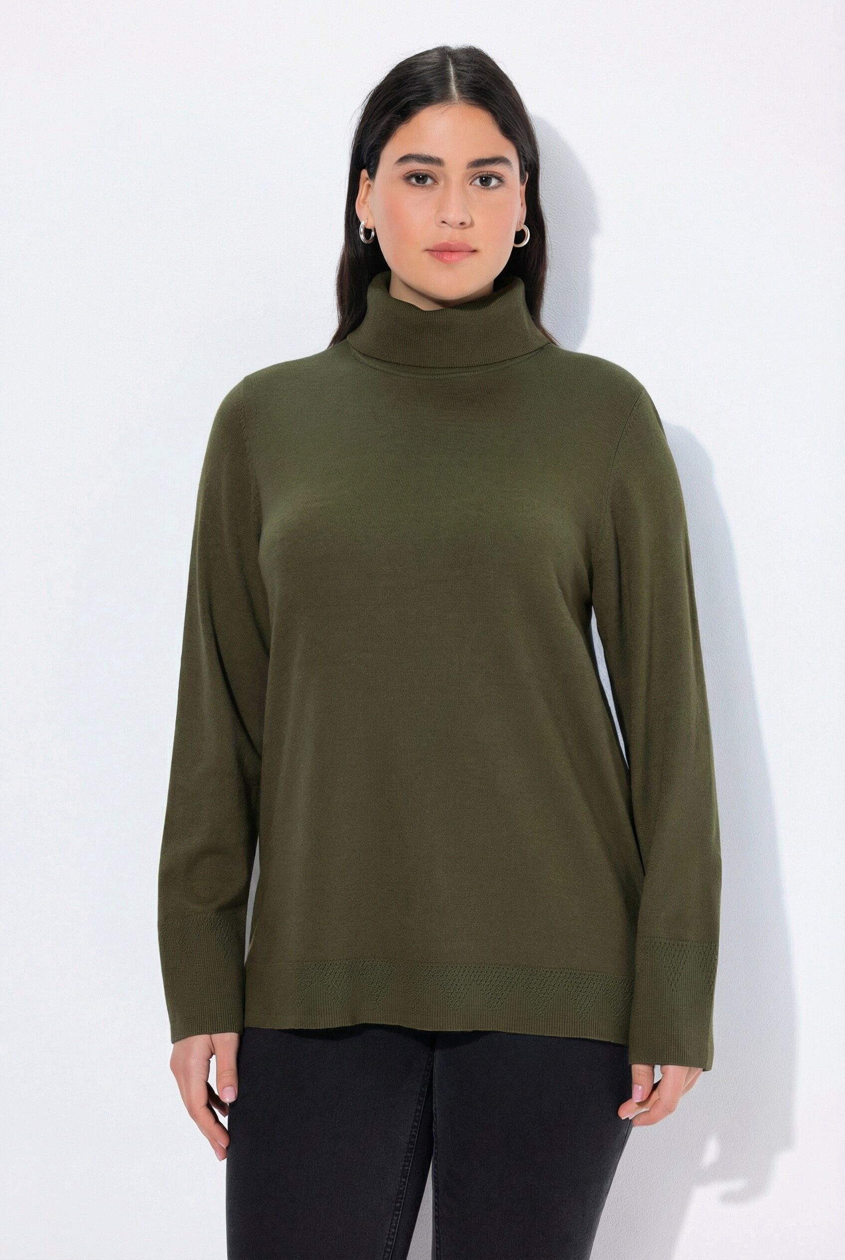 Ulla Popken Strickpullover Rollkragenpullover breite Rippbündchen Langarm