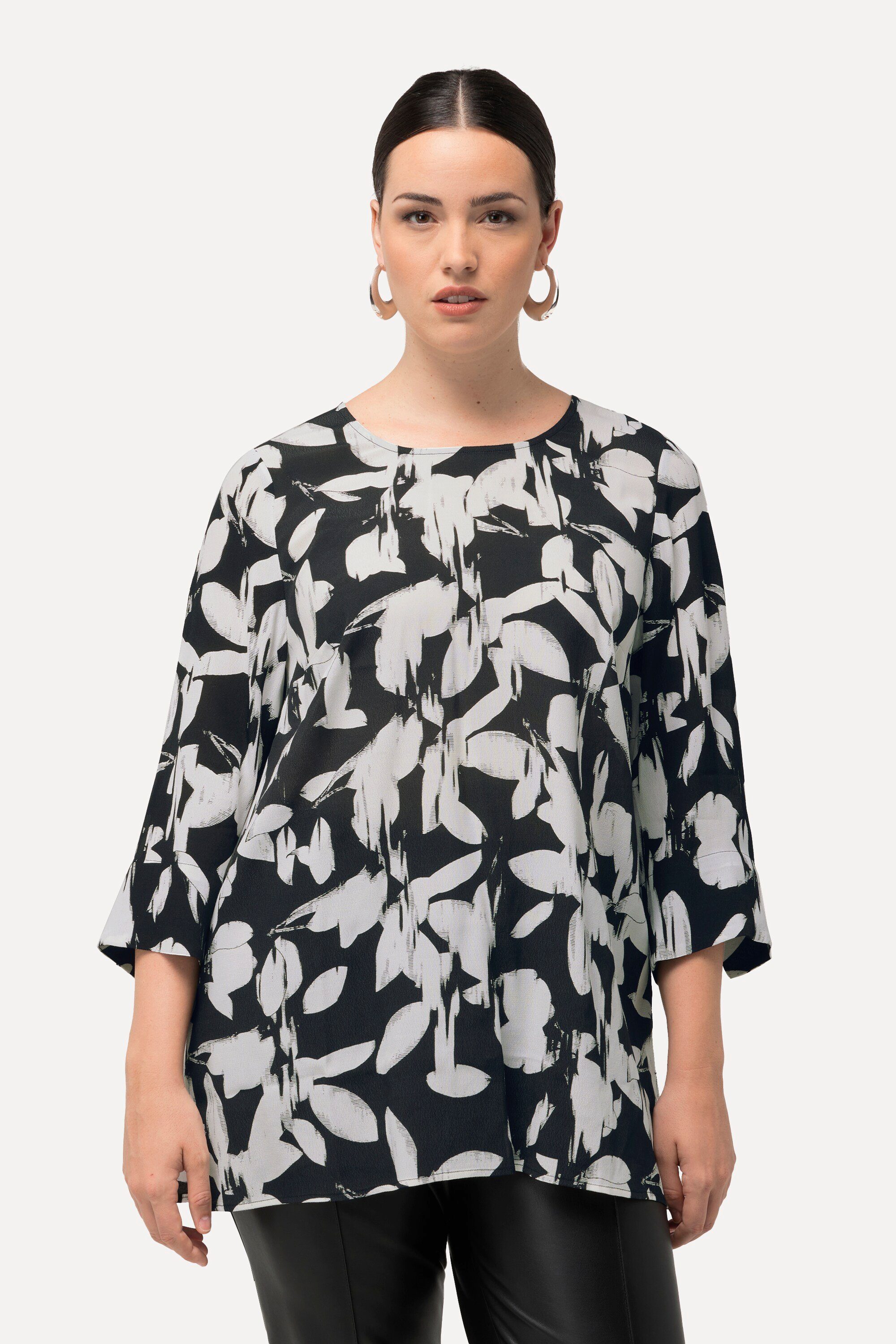 Ulla Popken Spitzenbluse Bluse Blätter A-Linie Rundhals 3/4-Arm