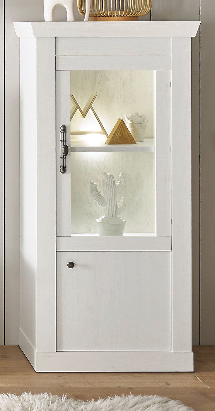 Furn.Design Standvitrine Fiastra (Vitrine in Pinie weiß Dekor, 70 x 146 cm) Metallgriffe, Soft-Close-Funktion