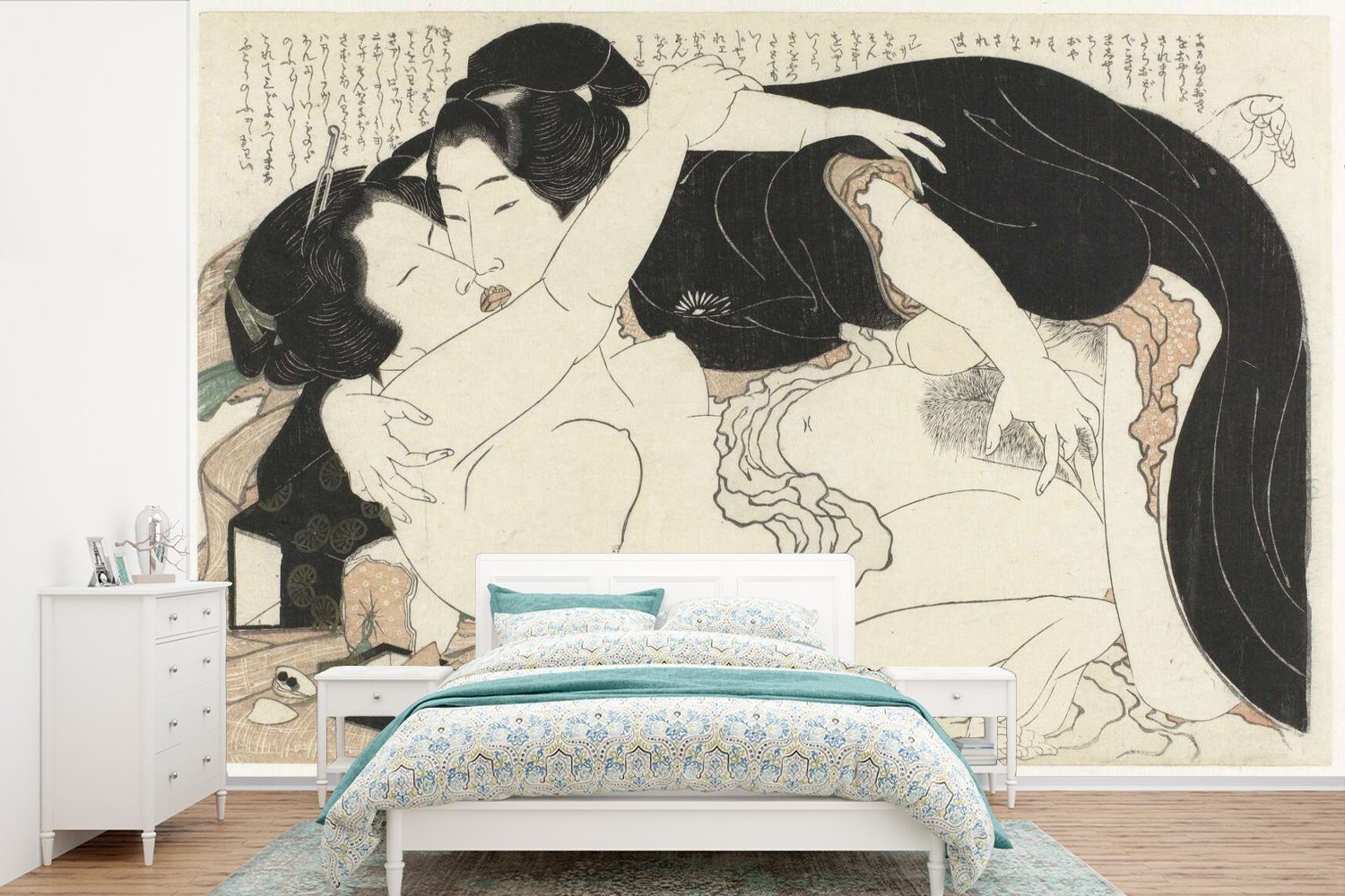 MuchoWow Fototapete Witwe und junger Mann - Gemälde von Katsushika Hokusai, Matt, bedruckt, (6 St), Wallpaper für Wohnzimmer, Schlafzimmer, Kinderzimmer, Vinyl Tapete