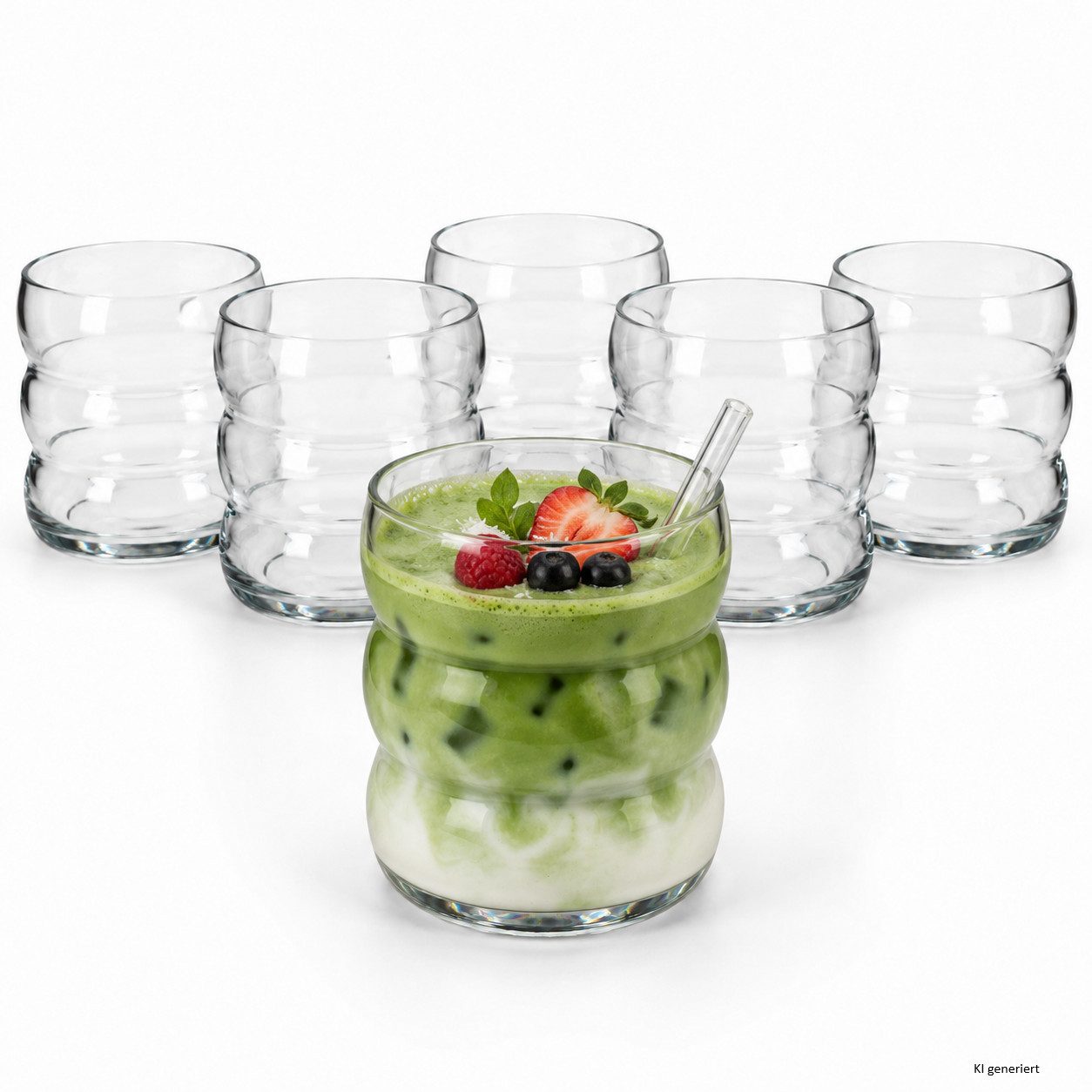 MamboCat Latte-Macchiato-Glas 6er Set Matcha Gläser 360ml Wellendesign Trinkglas Latte Cocktails, Glas