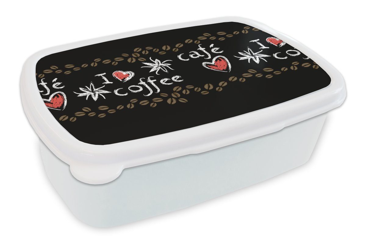 MuchoWow Lunchbox Kaffee - Muster - Liebe, Kunststoff, (2-tlg), Brotbox für Kinder und Erwachsene, Brotdose, für Jungs und Mädchen weiß